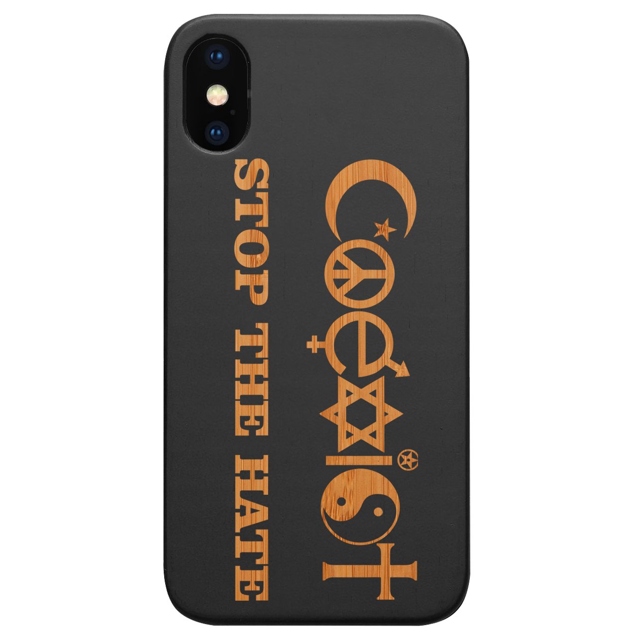 Coexist - Engraved wooden phone case showcasing unique laser-engraved design and natural wood finish, suitable for iPhone and Samsung models.