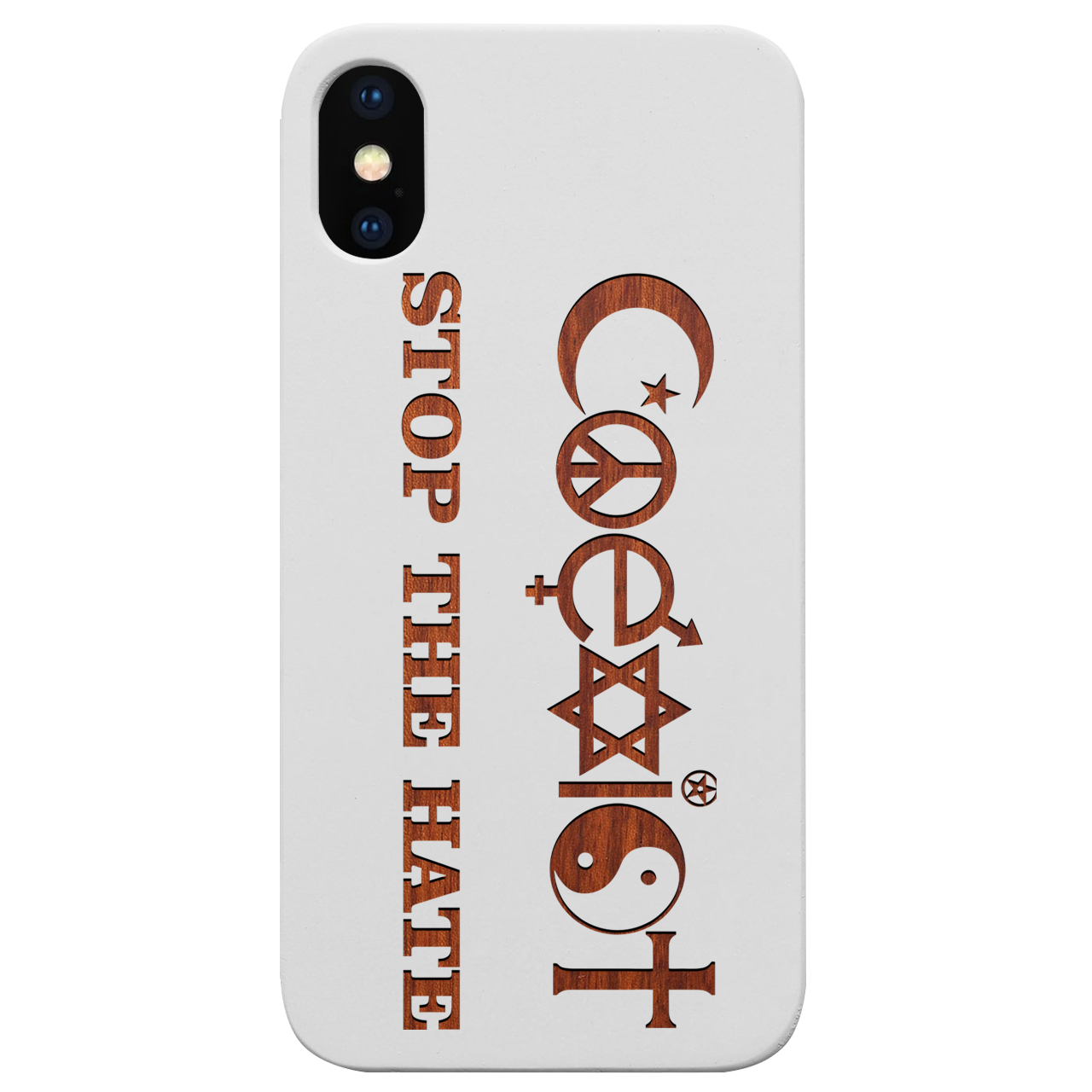 Coexist - Engraved wooden phone case showcasing unique laser-engraved design and natural wood finish, suitable for iPhone and Samsung models.