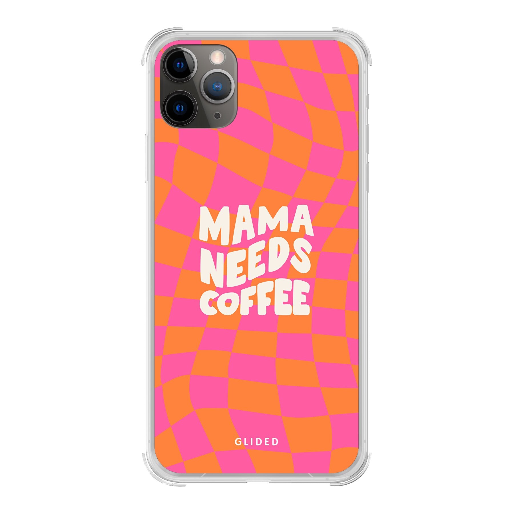 Coffee Mom iPhone 11 Pro Handyhülle mit Schachbrettmuster und dem Spruch 'Mama needs coffee', idealer Schutz für Mütter.