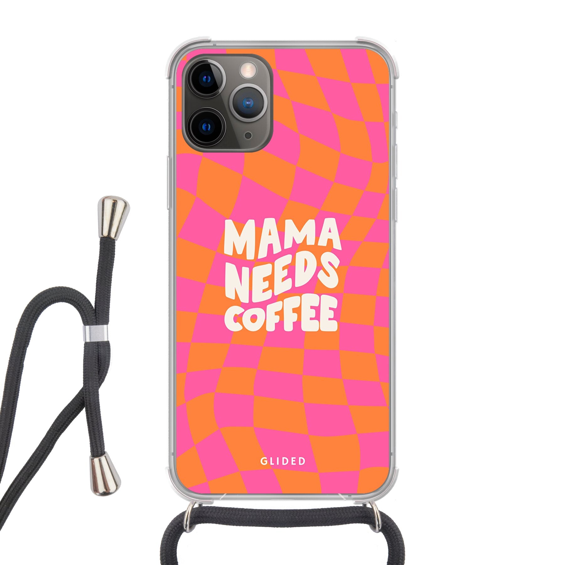 Coffee Mom iPhone 11 Pro Handyhülle mit Schachbrettmuster und dem Spruch 'Mama needs coffee', idealer Schutz für Mütter.