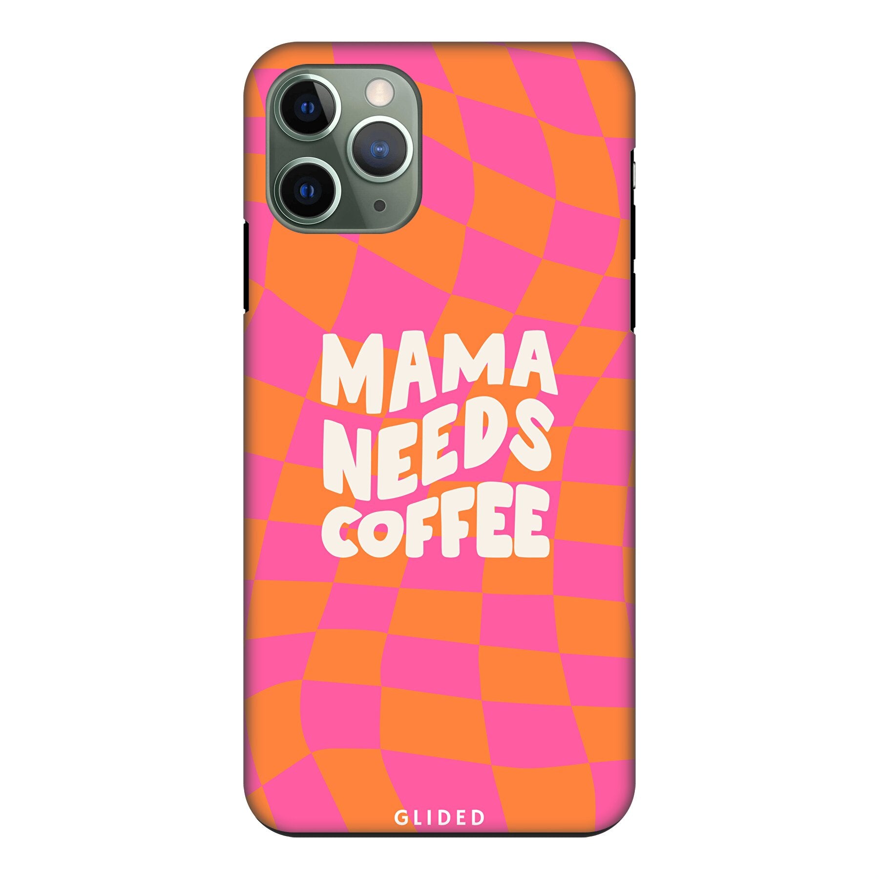 Coffee Mom iPhone 11 Pro Handyhülle mit Schachbrettmuster und dem Spruch 'Mama needs coffee', idealer Schutz für Mütter.