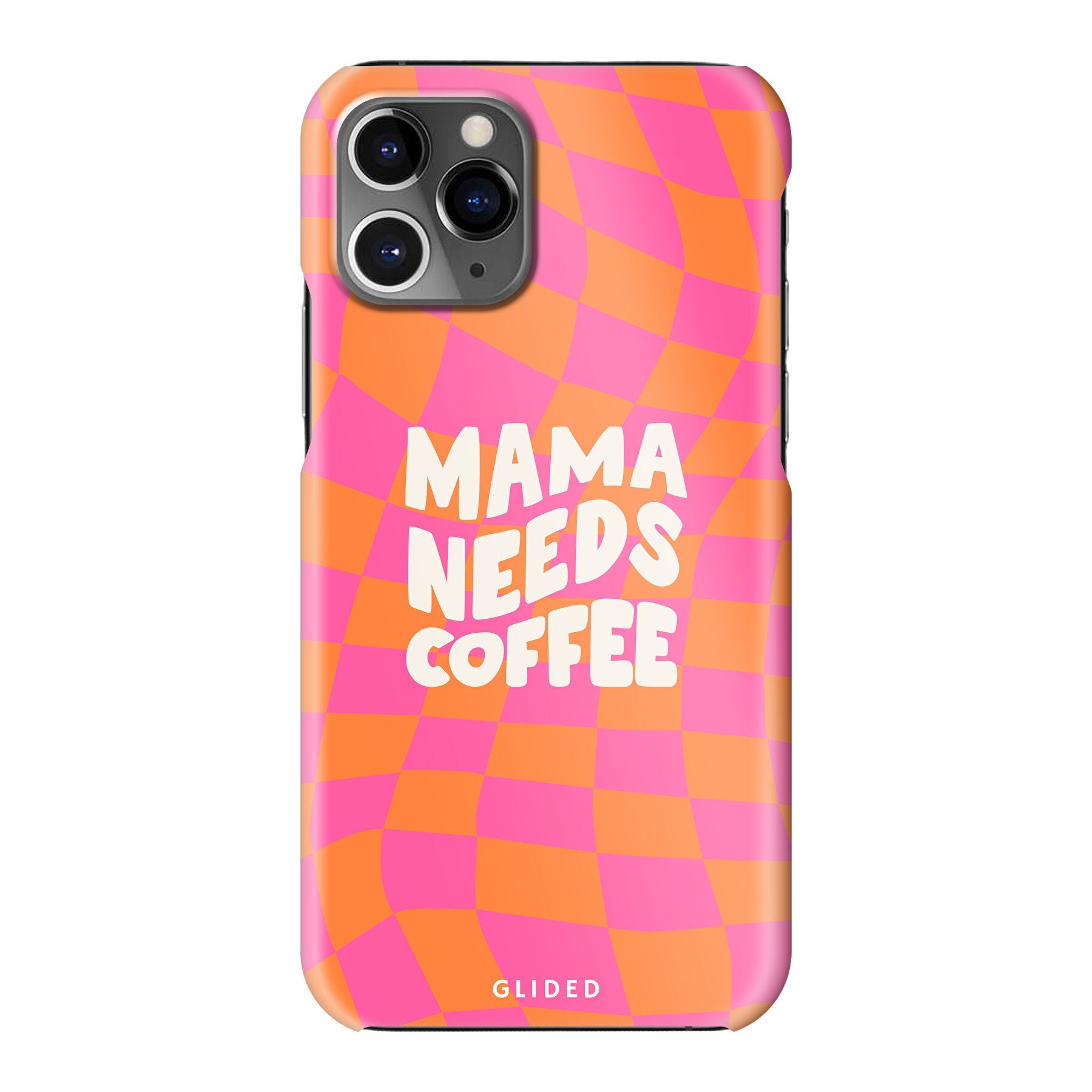 Coffee Mom iPhone 11 Pro Handyhülle mit Schachbrettmuster und dem Spruch 'Mama needs coffee', idealer Schutz für Mütter.