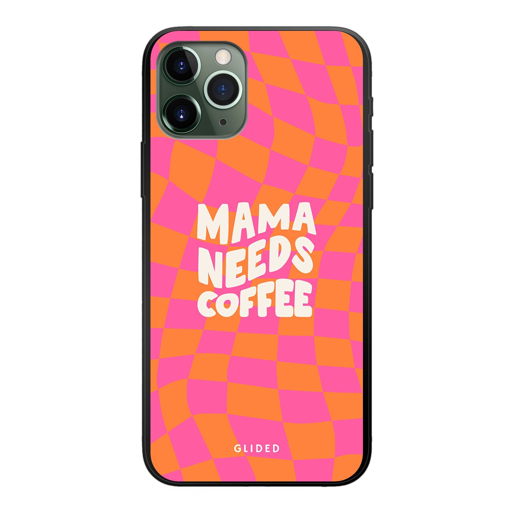 Coffee Mom iPhone 11 Pro Handyhülle mit Schachbrettmuster und dem Spruch 'Mama needs coffee', idealer Schutz für Mütter.