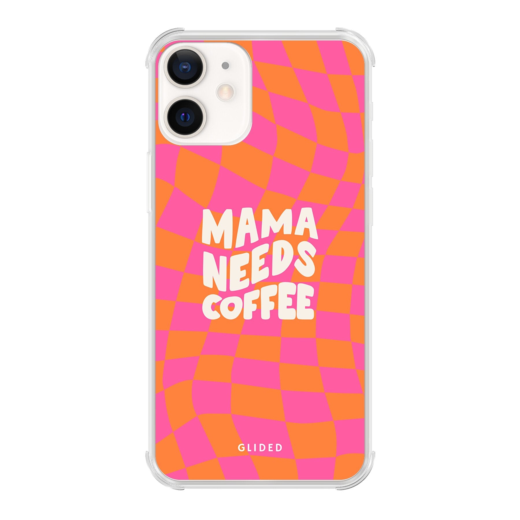 Coffee Mom iPhone 12 Pro Handyhülle mit Schachbrettmuster und dem Text 'Mama needs coffee', idealer Schutz für Mütter.