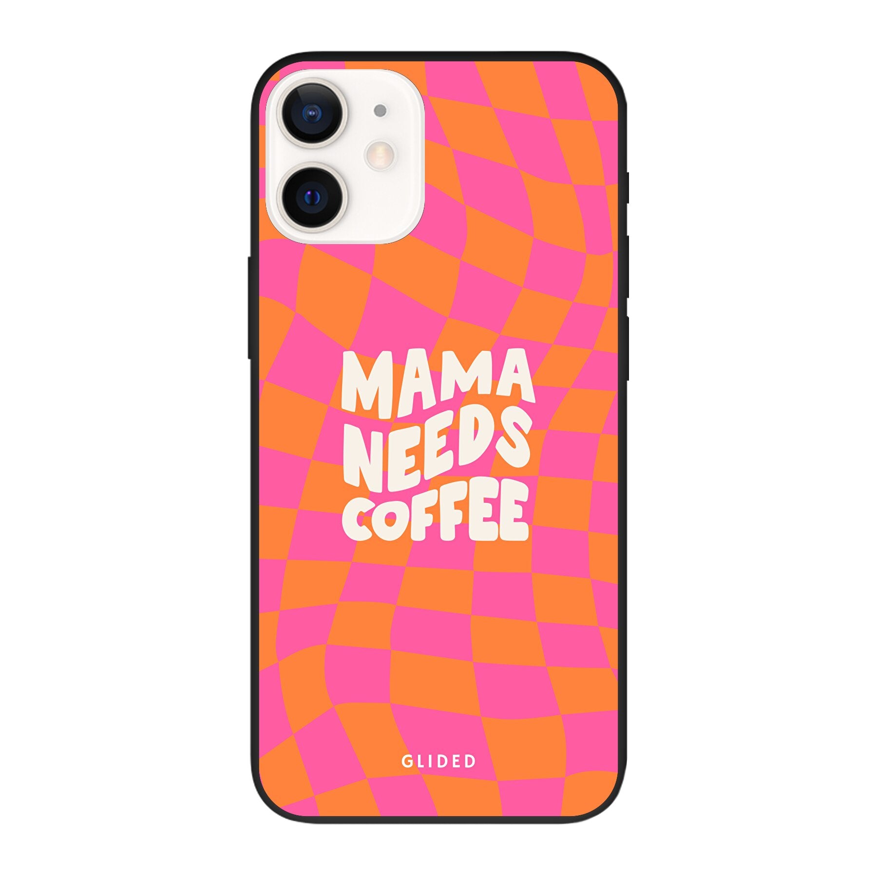 Coffee Mom iPhone 12 Pro Handyhülle mit Schachbrettmuster und dem Text 'Mama needs coffee', idealer Schutz für Mütter.