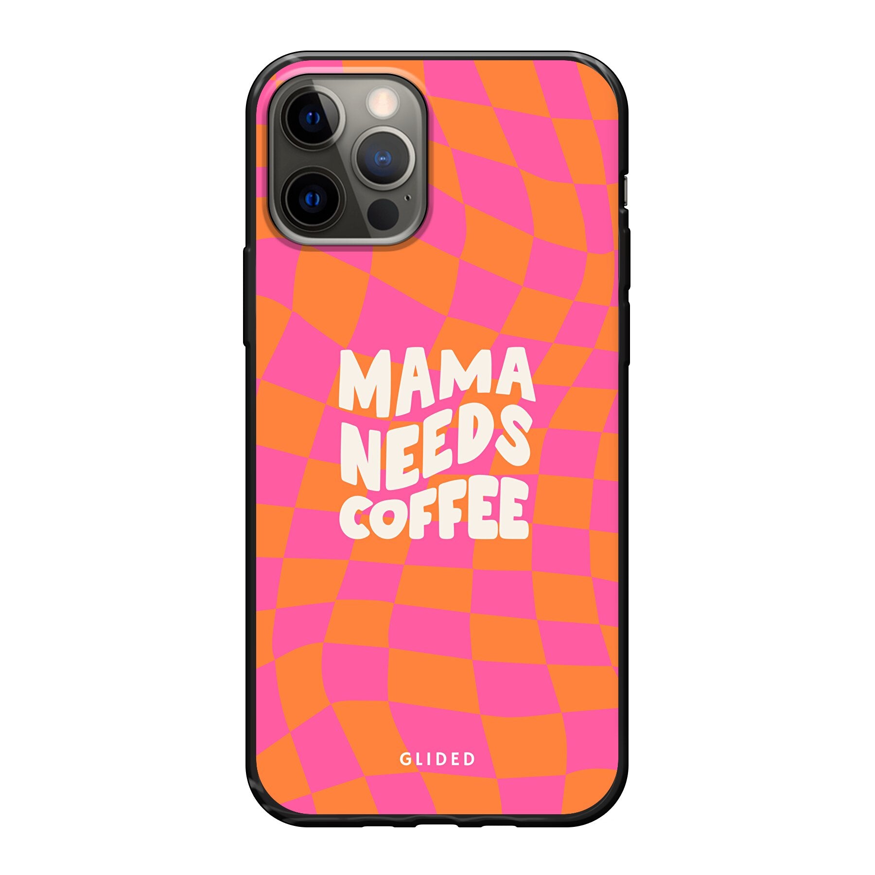 Coffee Mom iPhone 12 Pro Handyhülle mit Schachbrettmuster und dem Text 'Mama needs coffee', idealer Schutz für Mütter.