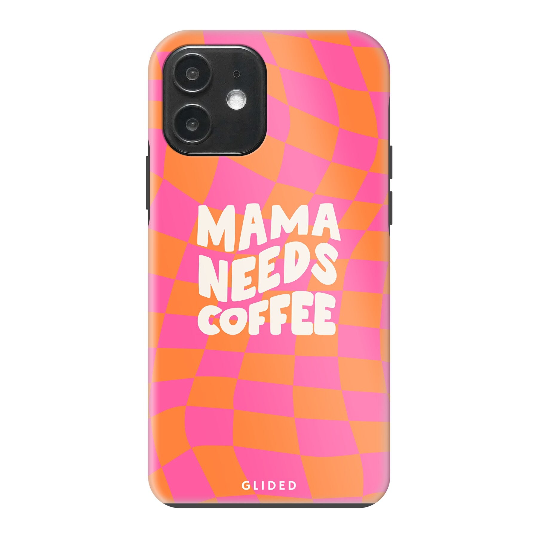 Coffee Mom iPhone 12 Pro Handyhülle mit Schachbrettmuster und dem Text 'Mama needs coffee', idealer Schutz für Mütter.