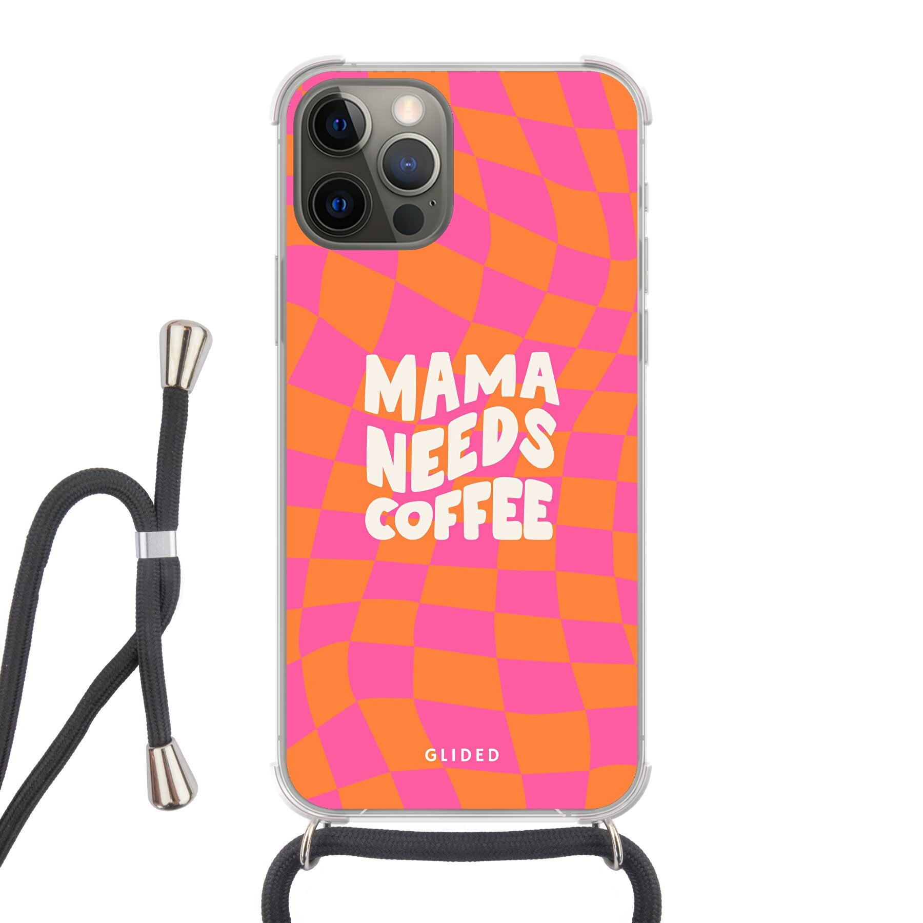 Coffee Mom iPhone 12 Pro Handyhülle mit Schachbrettmuster und dem Text 'Mama needs coffee', idealer Schutz für Mütter.