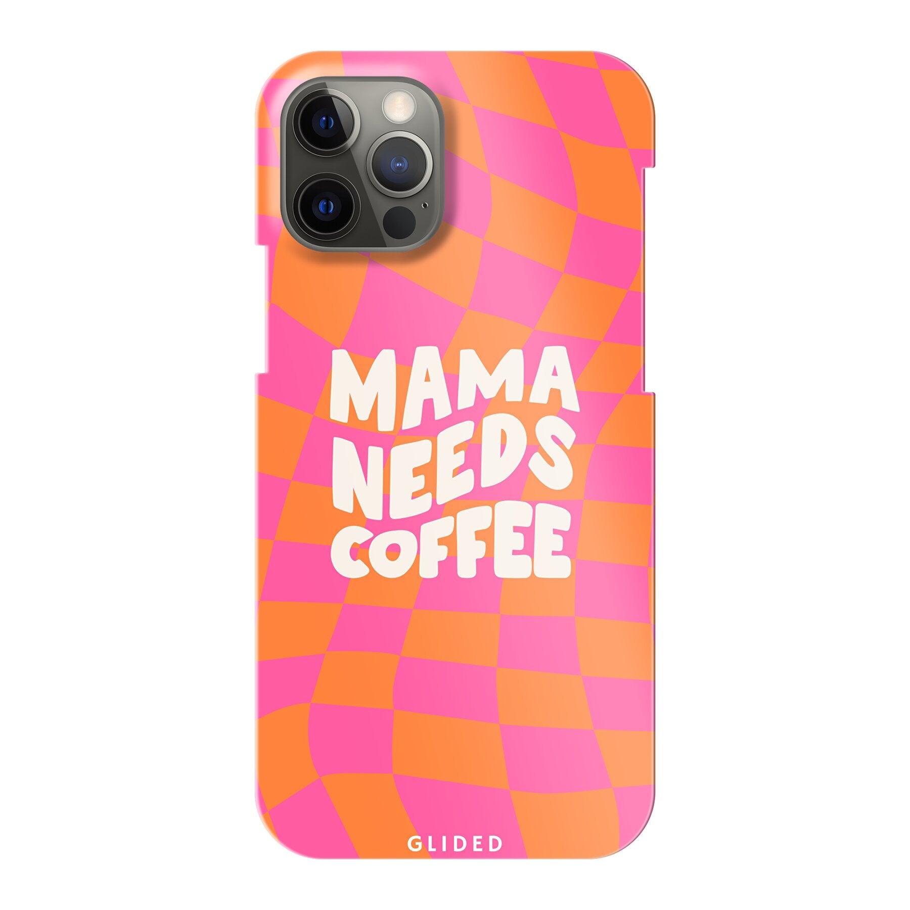 Coffee Mom iPhone 12 Pro Handyhülle mit Schachbrettmuster und dem Text 'Mama needs coffee', idealer Schutz für Mütter.