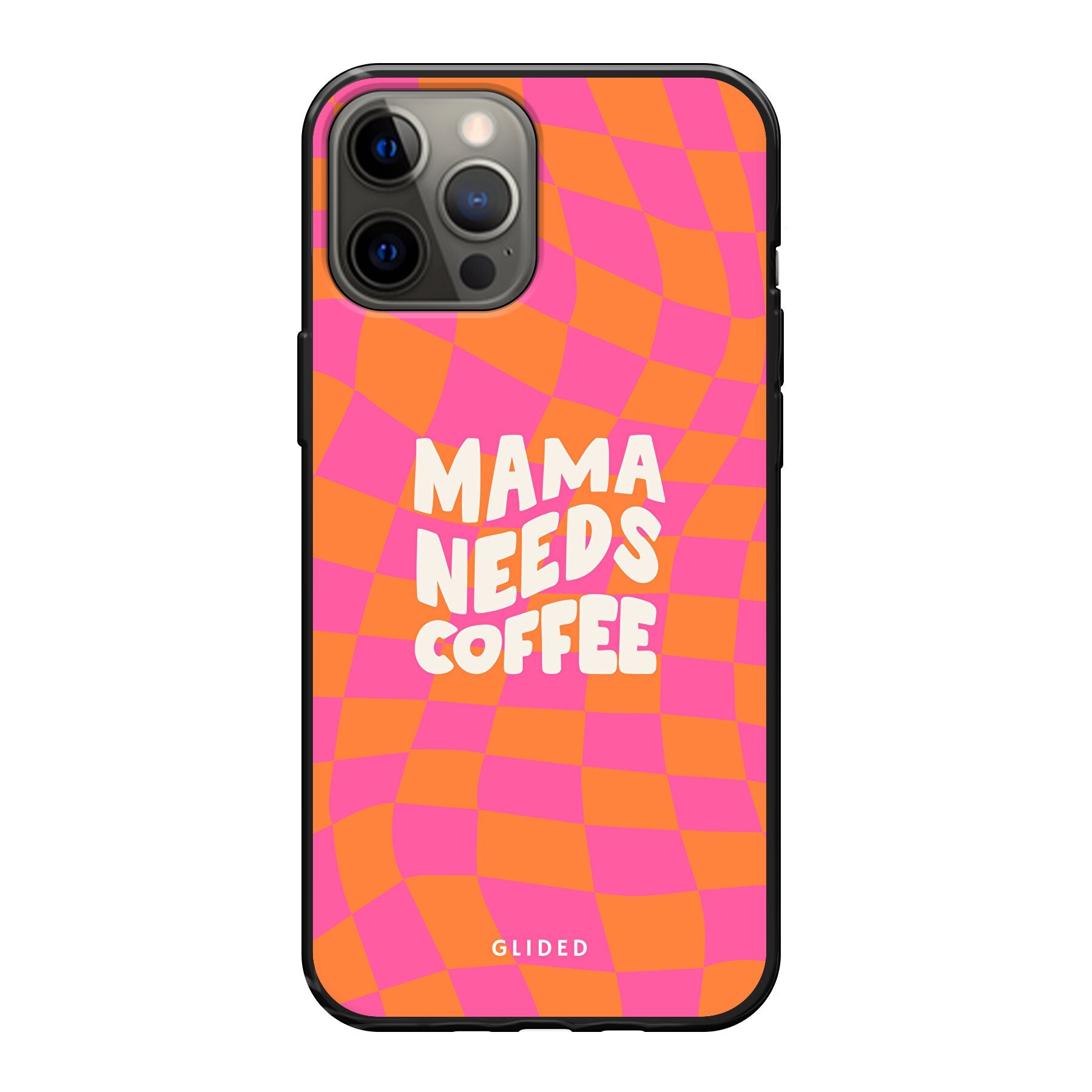 Coffee Mom iPhone 12 Pro Max Hülle mit Schachbrettmuster und dem Spruch 'Mama needs coffee', idealer Schutz und stylisches Design.