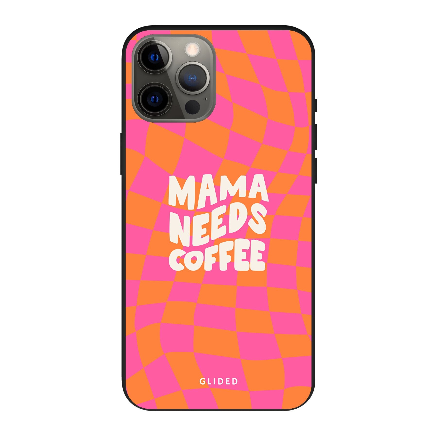 Coffee Mom iPhone 12 Pro Max Hülle mit Schachbrettmuster und dem Spruch 'Mama needs coffee', idealer Schutz und stylisches Design.