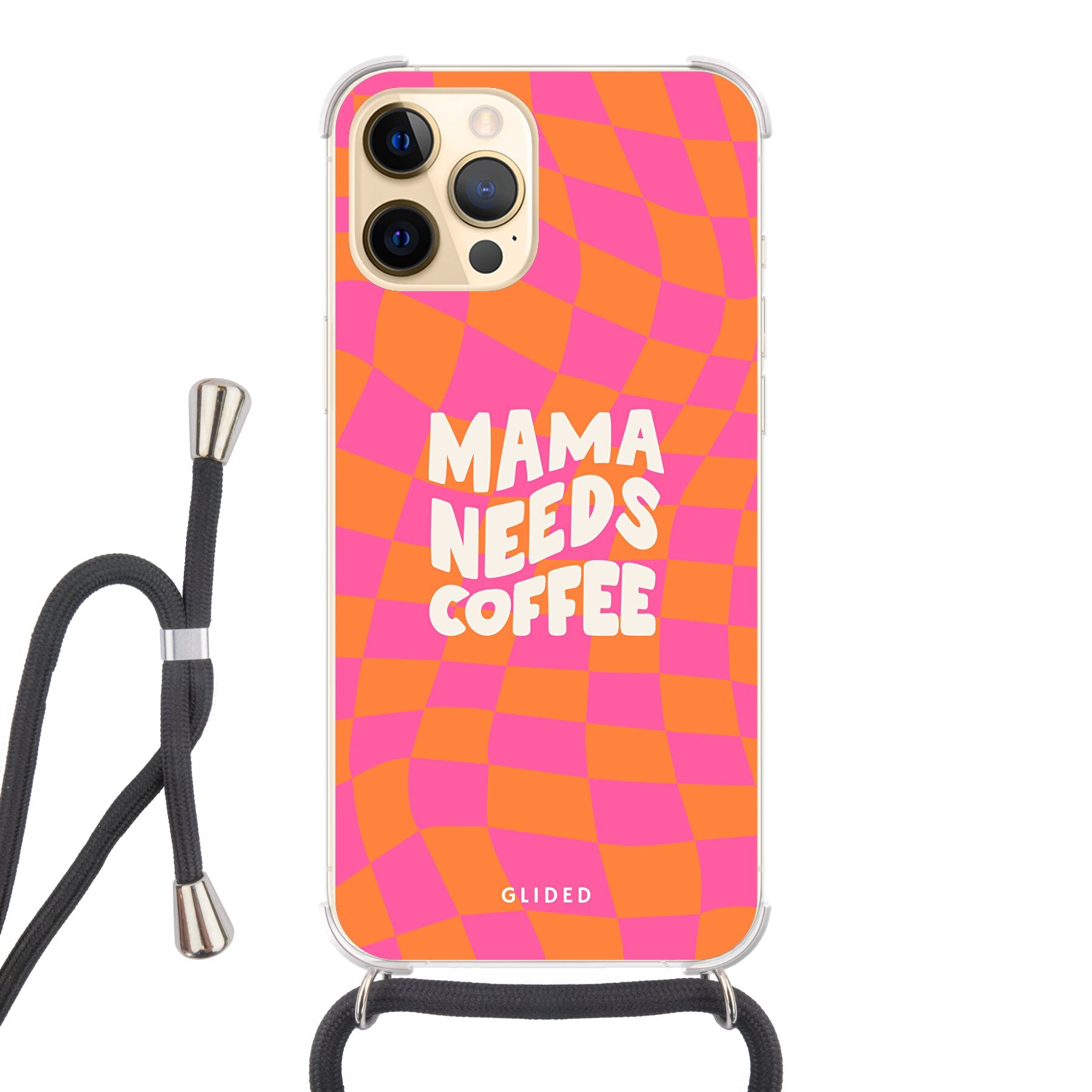 Coffee Mom iPhone 12 Pro Max Hülle mit Schachbrettmuster und dem Spruch 'Mama needs coffee', idealer Schutz und stylisches Design.