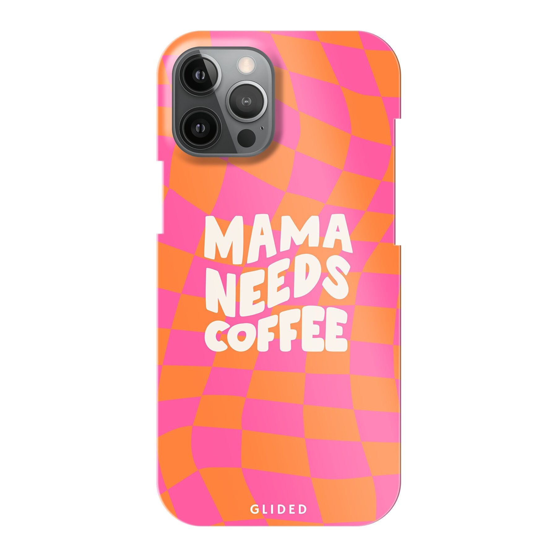 Coffee Mom iPhone 12 Pro Max Hülle mit Schachbrettmuster und dem Spruch 'Mama needs coffee', idealer Schutz und stylisches Design.