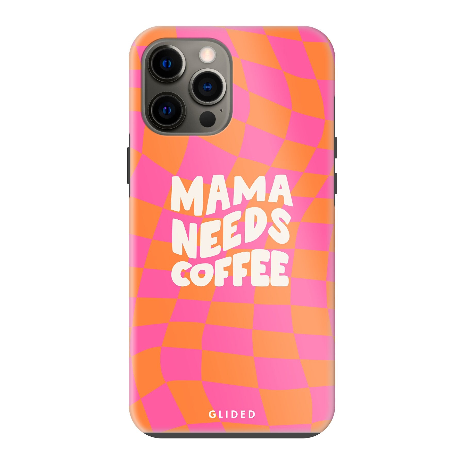 Coffee Mom iPhone 12 Pro Max Hülle mit Schachbrettmuster und dem Spruch 'Mama needs coffee', idealer Schutz und stylisches Design.