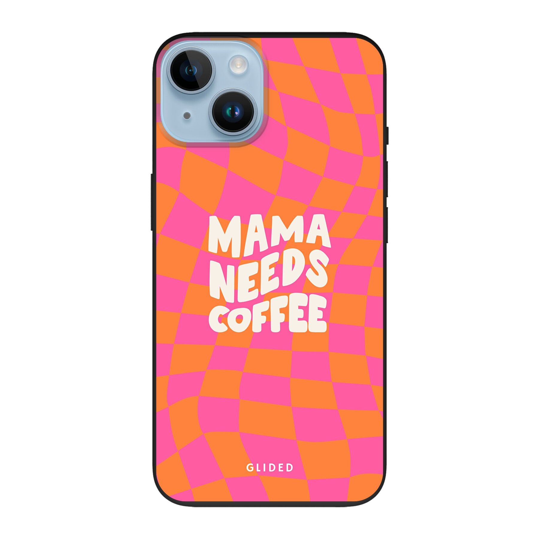 Coffee Mom iPhone 14-Hülle mit Schachbrettmuster und dem Spruch 'Mama needs coffee', idealer Schutz für Mütter.