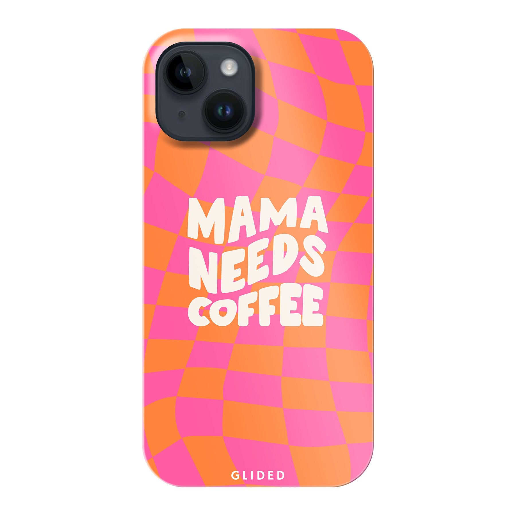 Coffee Mom iPhone 14-Hülle mit Schachbrettmuster und dem Spruch 'Mama needs coffee', idealer Schutz für Mütter.