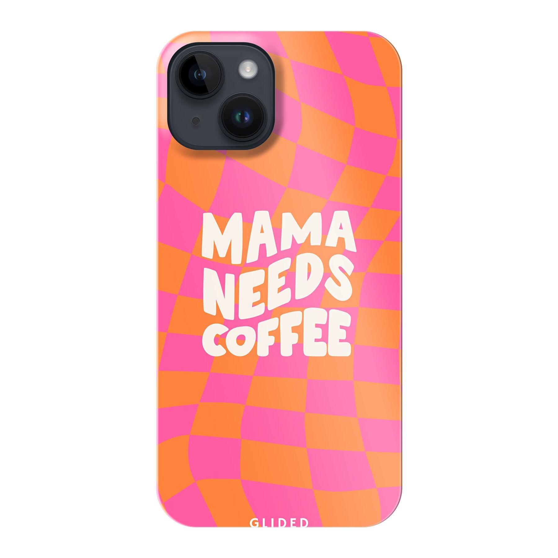 Coffee Mom iPhone 14-Hülle mit Schachbrettmuster und dem Spruch 'Mama needs coffee', idealer Schutz für Mütter.