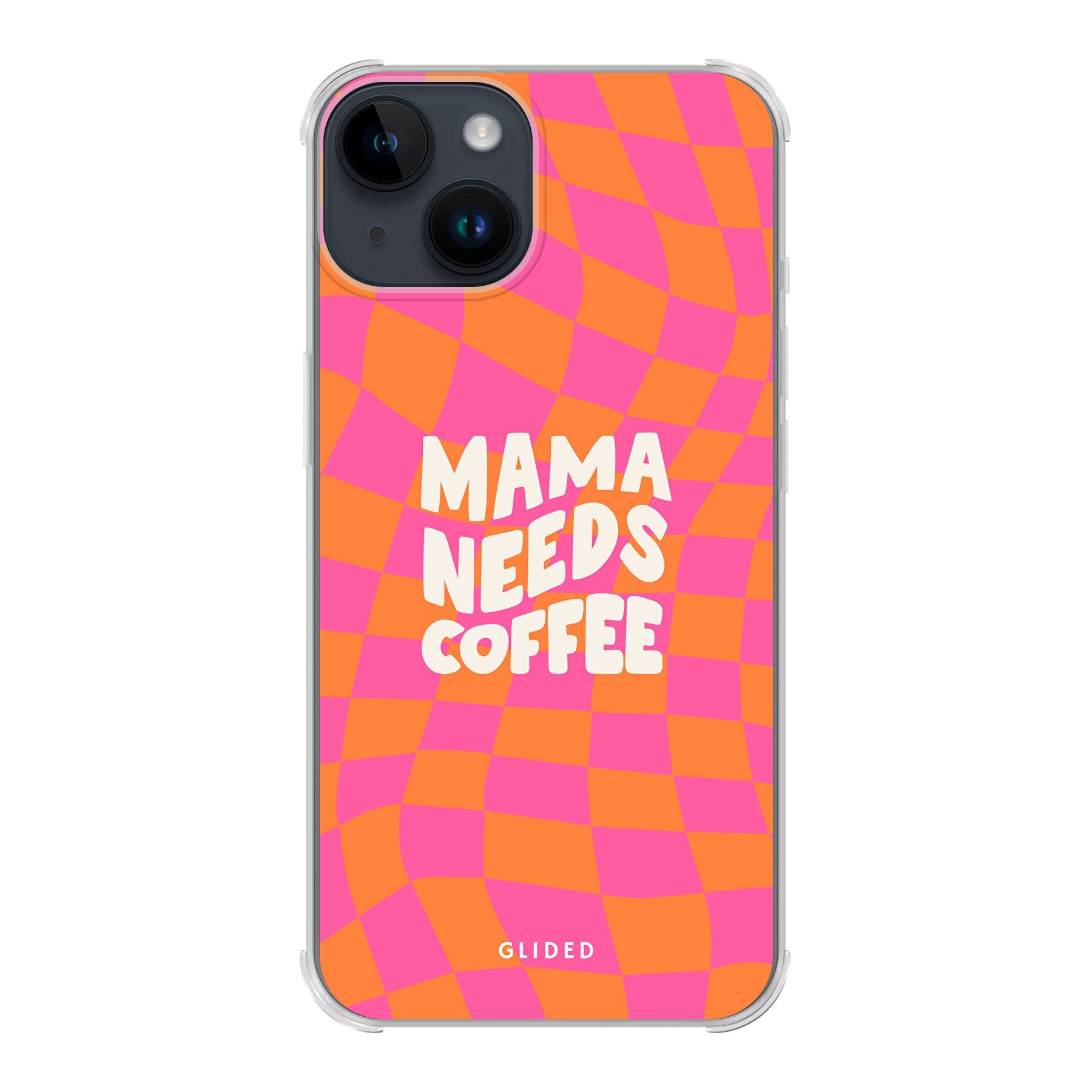 Coffee Mom iPhone 14-Hülle mit Schachbrettmuster und dem Spruch 'Mama needs coffee', idealer Schutz für Mütter.