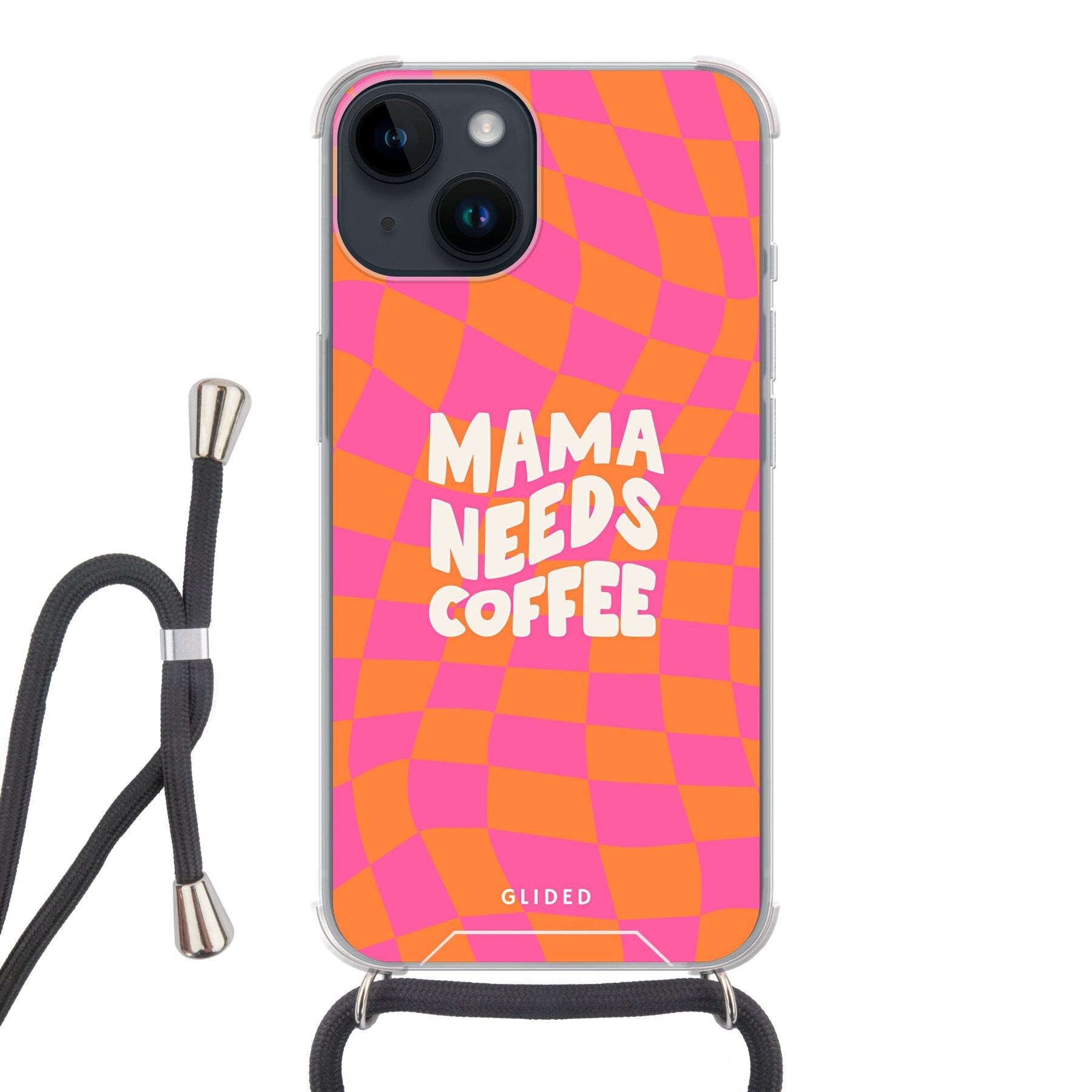 Coffee Mom iPhone 14-Hülle mit Schachbrettmuster und dem Spruch 'Mama needs coffee', idealer Schutz für Mütter.