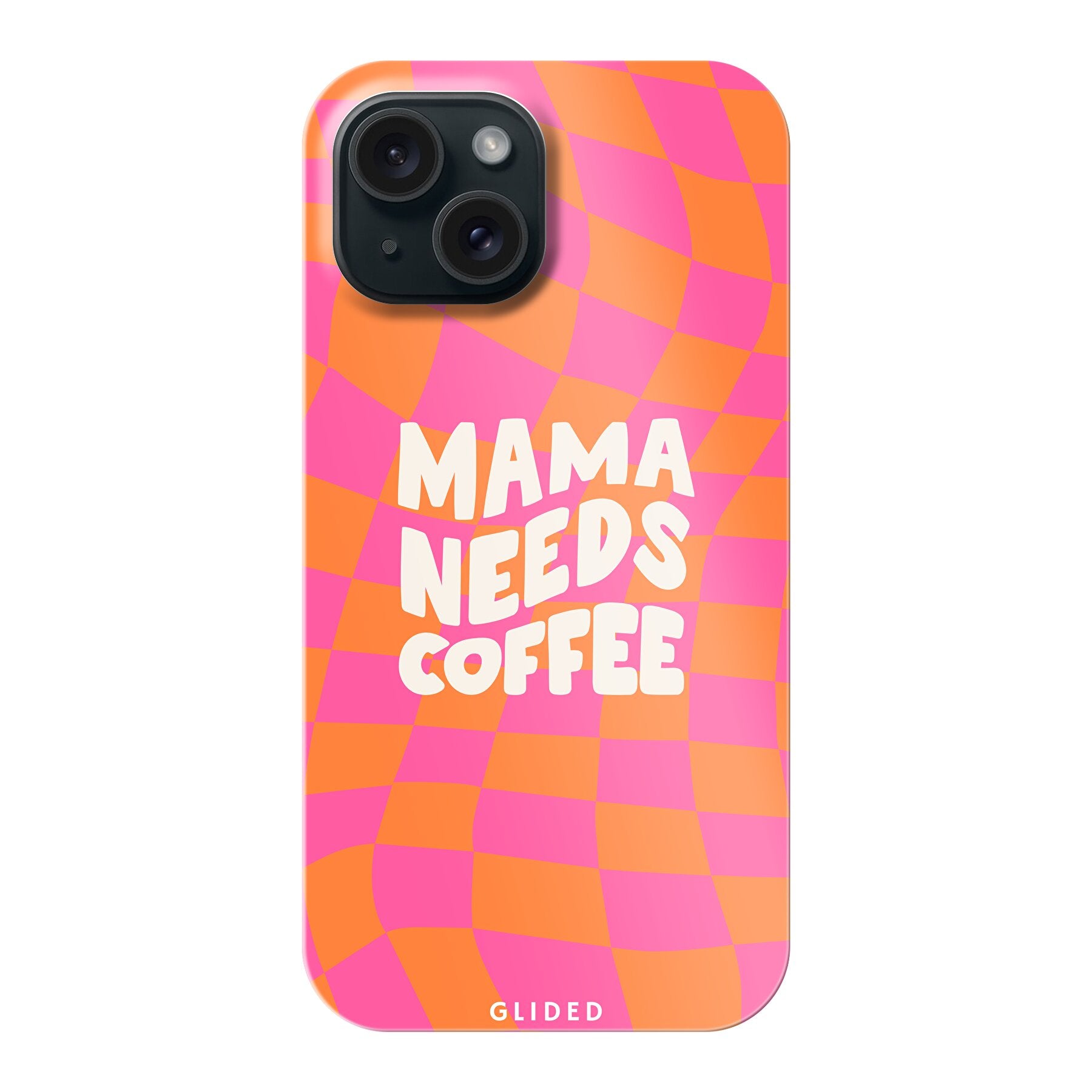 Stylische Coffee Mom iPhone 15 Hülle mit Schachbrettmuster und dem Spruch 'Mama needs coffee', idealer Schutz für dein Smartphone.