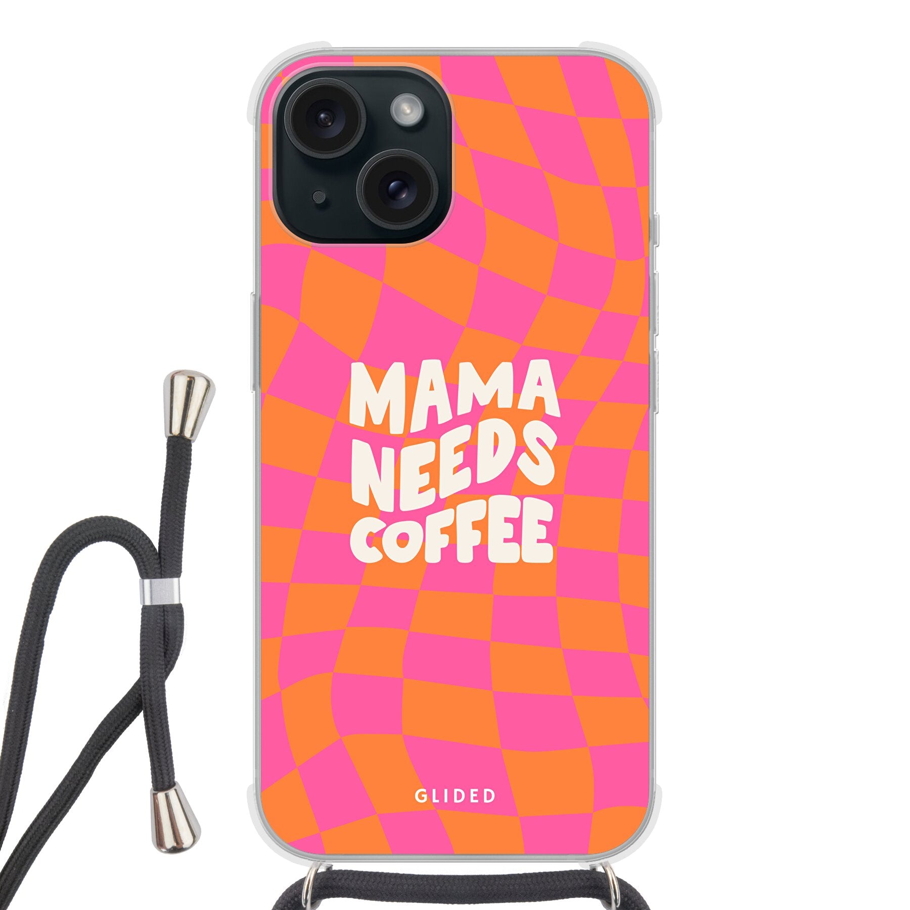 Stylische Coffee Mom iPhone 15 Hülle mit Schachbrettmuster und dem Spruch 'Mama needs coffee', idealer Schutz für dein Smartphone.