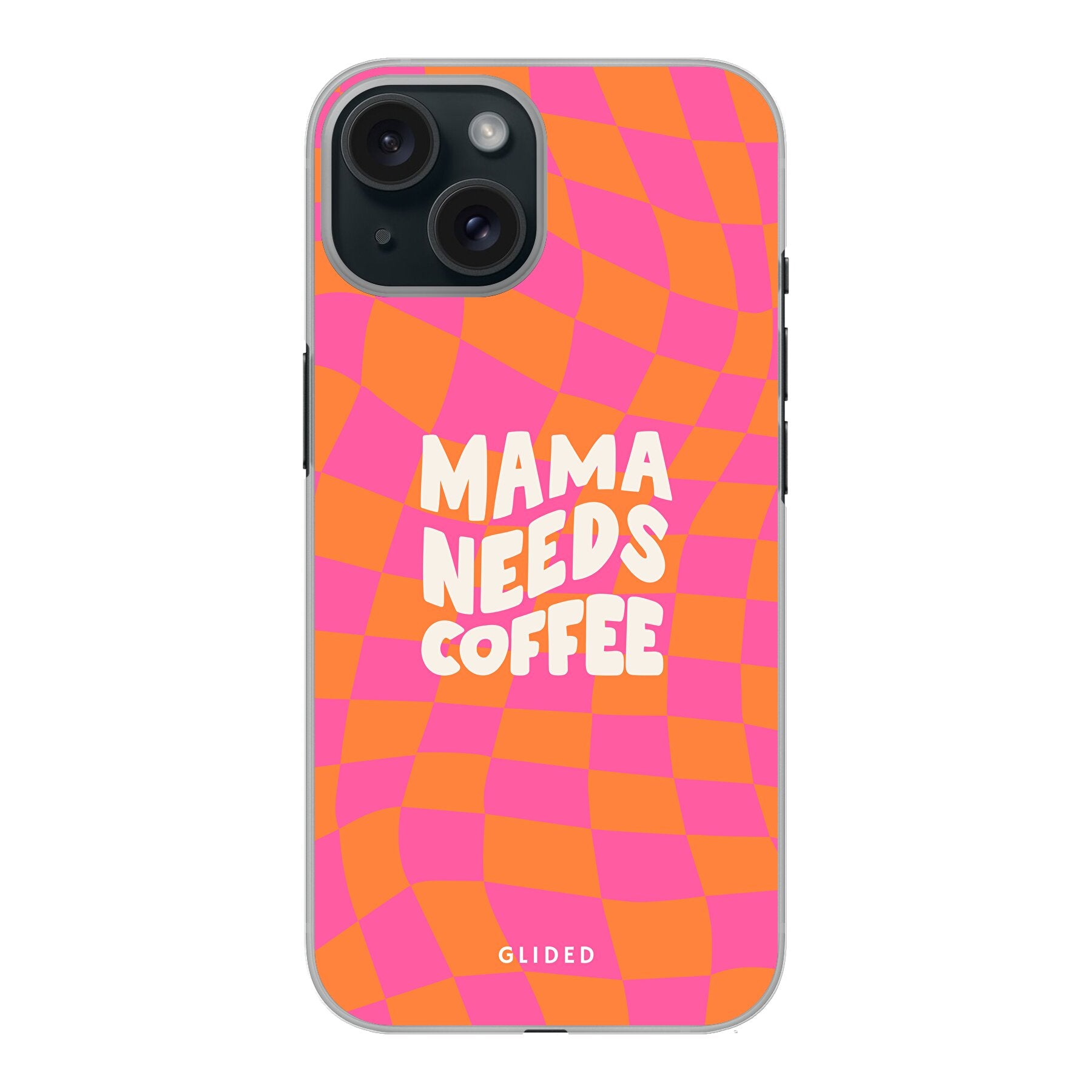 Stylische Coffee Mom iPhone 15 Hülle mit Schachbrettmuster und dem Spruch 'Mama needs coffee', idealer Schutz für dein Smartphone.