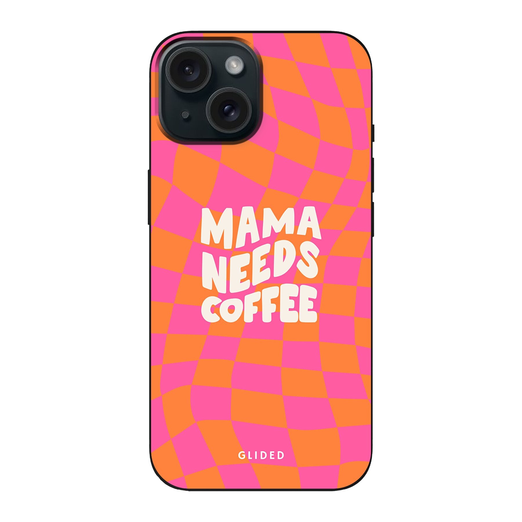 Stylische Coffee Mom iPhone 15 Hülle mit Schachbrettmuster und dem Spruch 'Mama needs coffee', idealer Schutz für dein Smartphone.