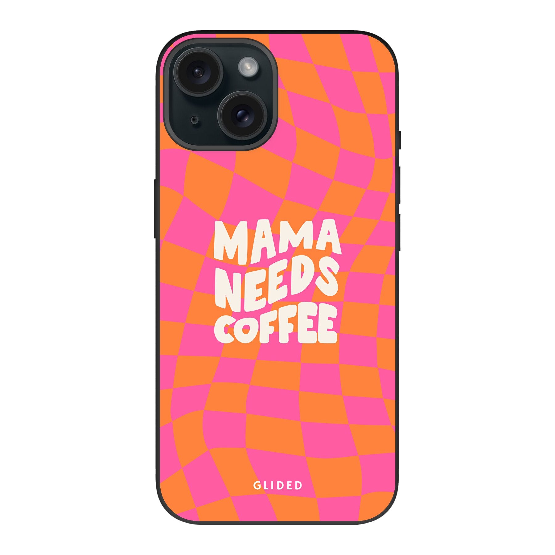 Stylische Coffee Mom iPhone 15 Hülle mit Schachbrettmuster und dem Spruch 'Mama needs coffee', idealer Schutz für dein Smartphone.