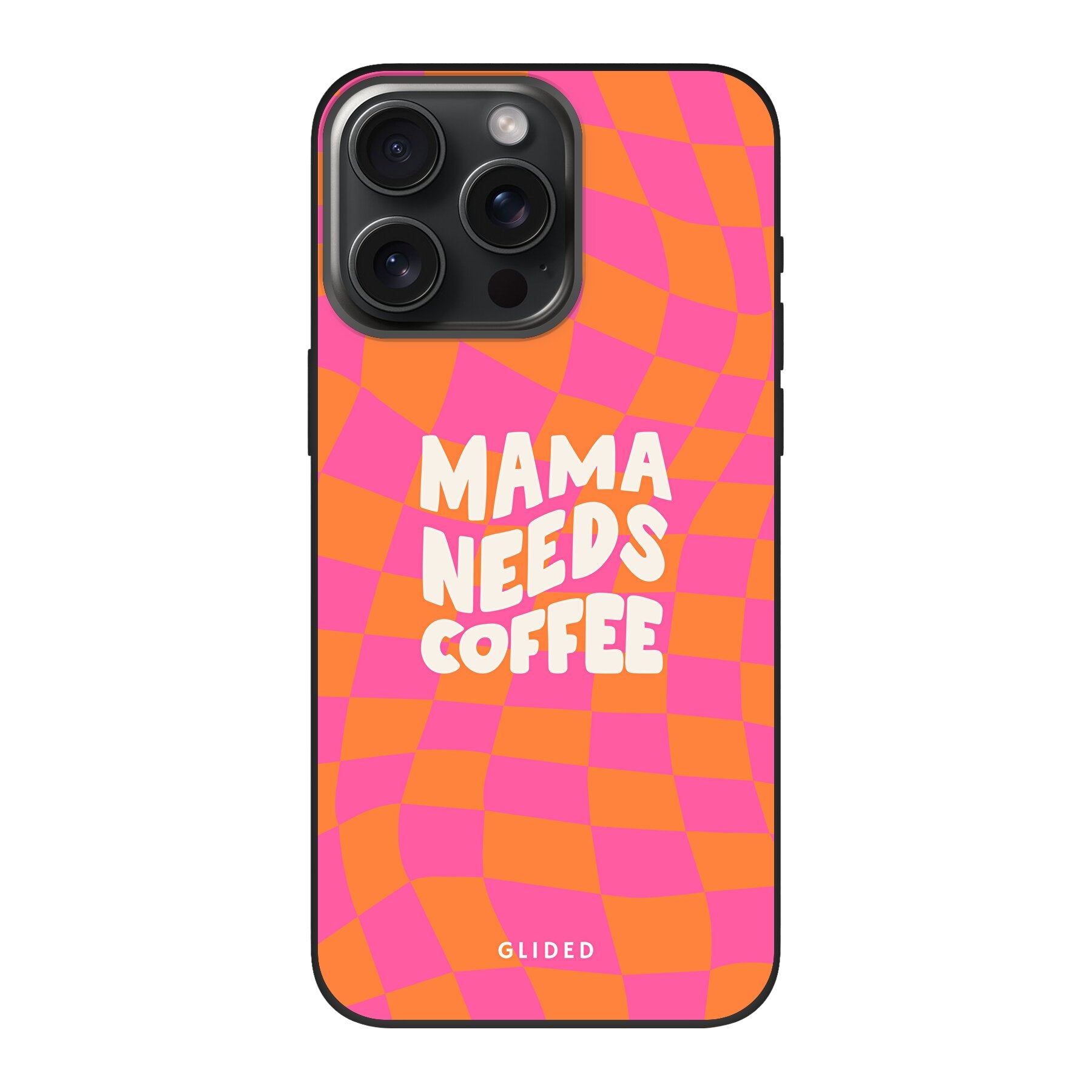 Coffee Mom iPhone 15 Pro Handyhülle mit Schachbrettmuster und dem Spruch 'Mama needs coffee', stilvoll und schützend.