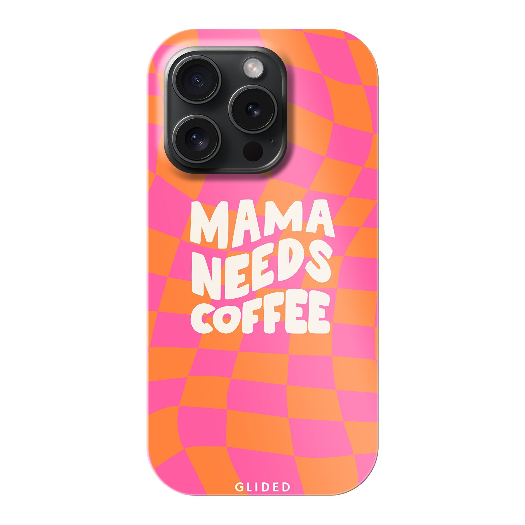 Coffee Mom iPhone 15 Pro Handyhülle mit Schachbrettmuster und dem Spruch 'Mama needs coffee', stilvoll und schützend.