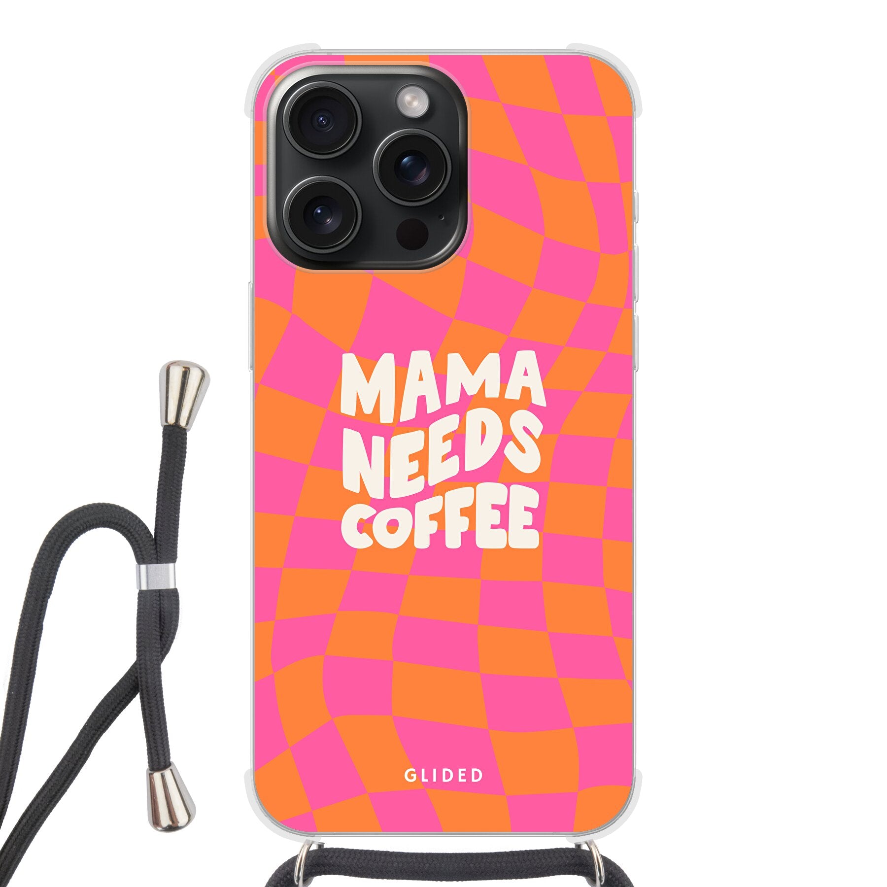 Coffee Mom iPhone 15 Pro Handyhülle mit Schachbrettmuster und dem Spruch 'Mama needs coffee', stilvoll und schützend.