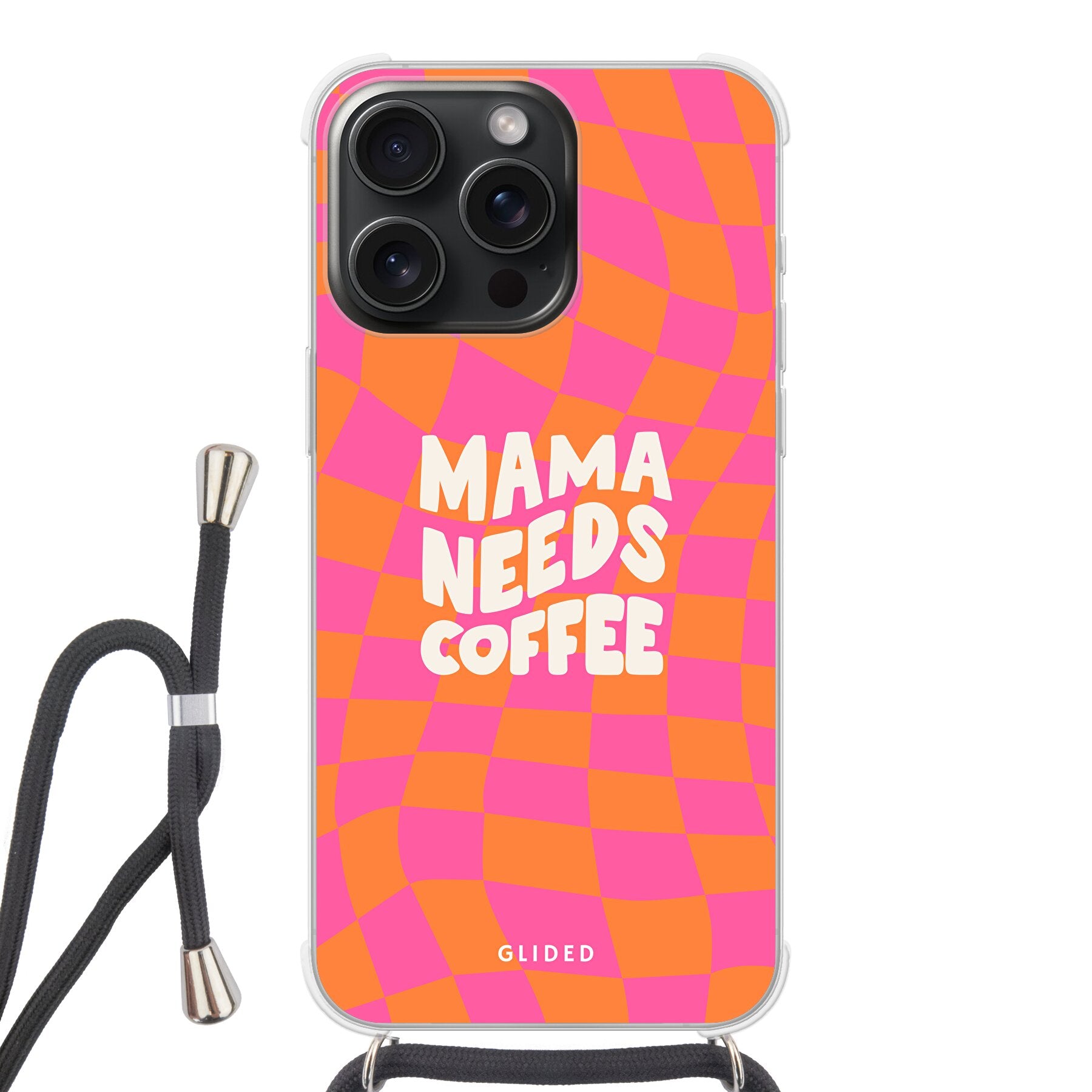 Coffee Mom iPhone 15 Pro Max Hülle mit Schachbrettmuster und dem Schriftzug 'Mama needs coffee', idealer Schutz für dein Smartphone.