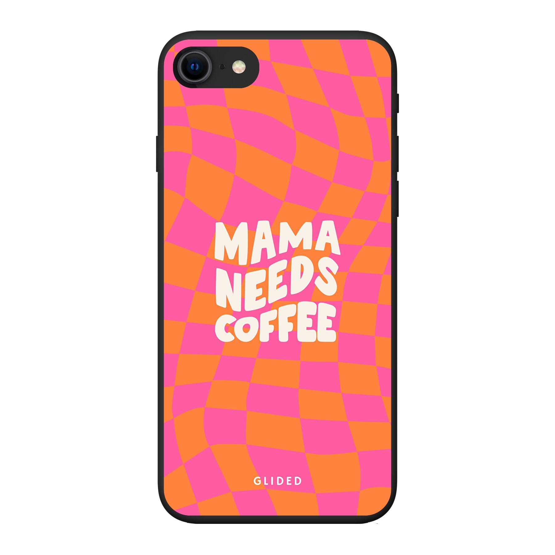 Coffee Mom iPhone SE 2022 Handyhülle mit Schachbrettmuster und dem Spruch 'Mama needs coffee'.