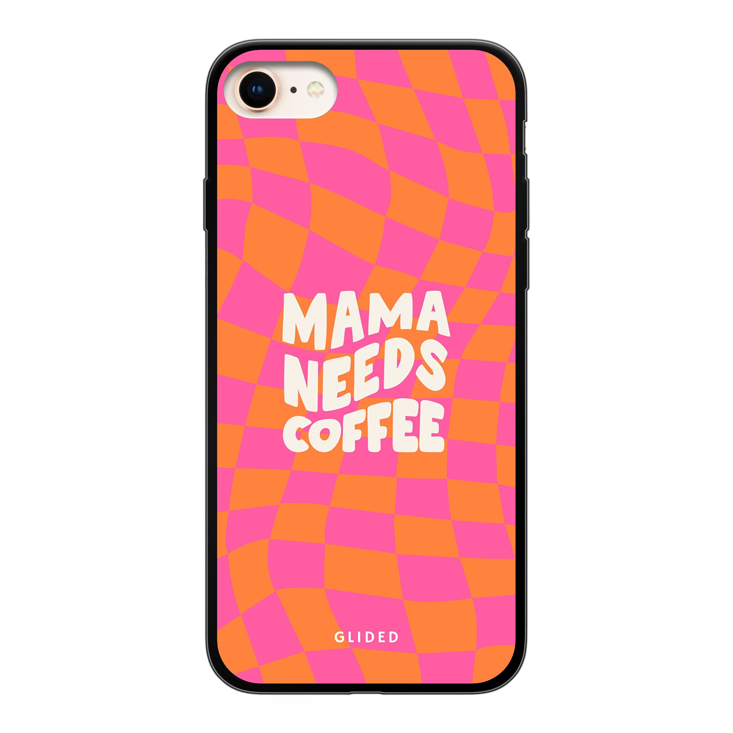 Coffee Mom iPhone SE 2022 Handyhülle mit Schachbrettmuster und dem Spruch 'Mama needs coffee'.