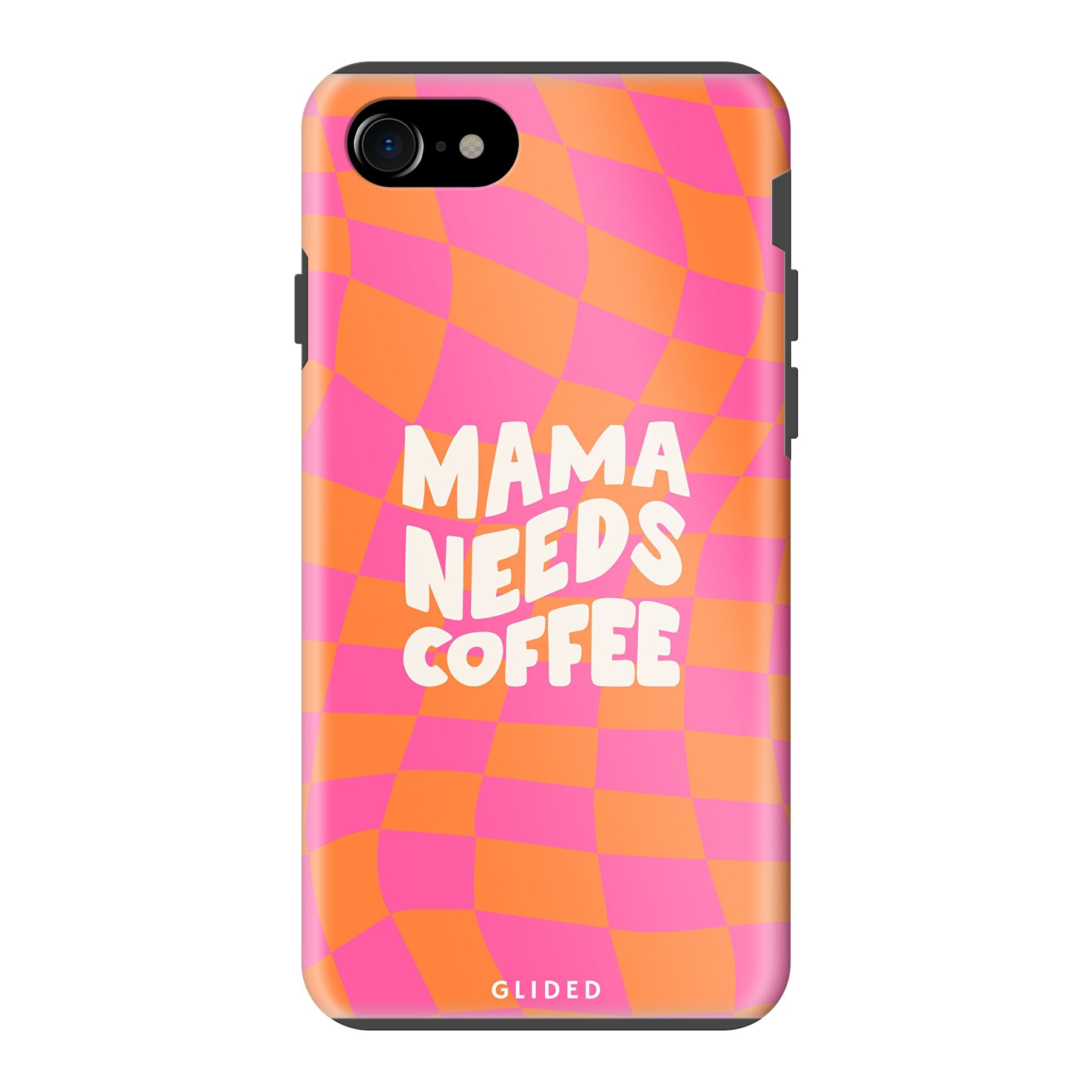 Coffee Mom iPhone SE 2022 Handyhülle mit Schachbrettmuster und dem Spruch 'Mama needs coffee'.