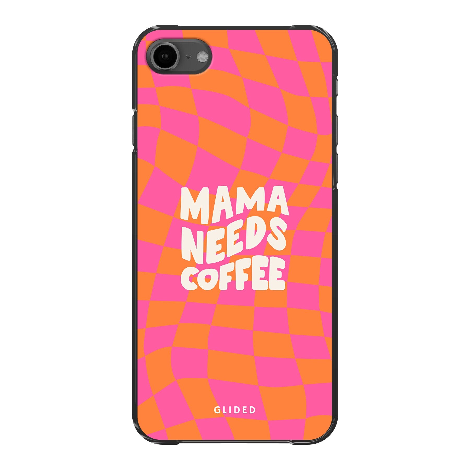 Coffee Mom iPhone SE 2022 Handyhülle mit Schachbrettmuster und dem Spruch 'Mama needs coffee'.