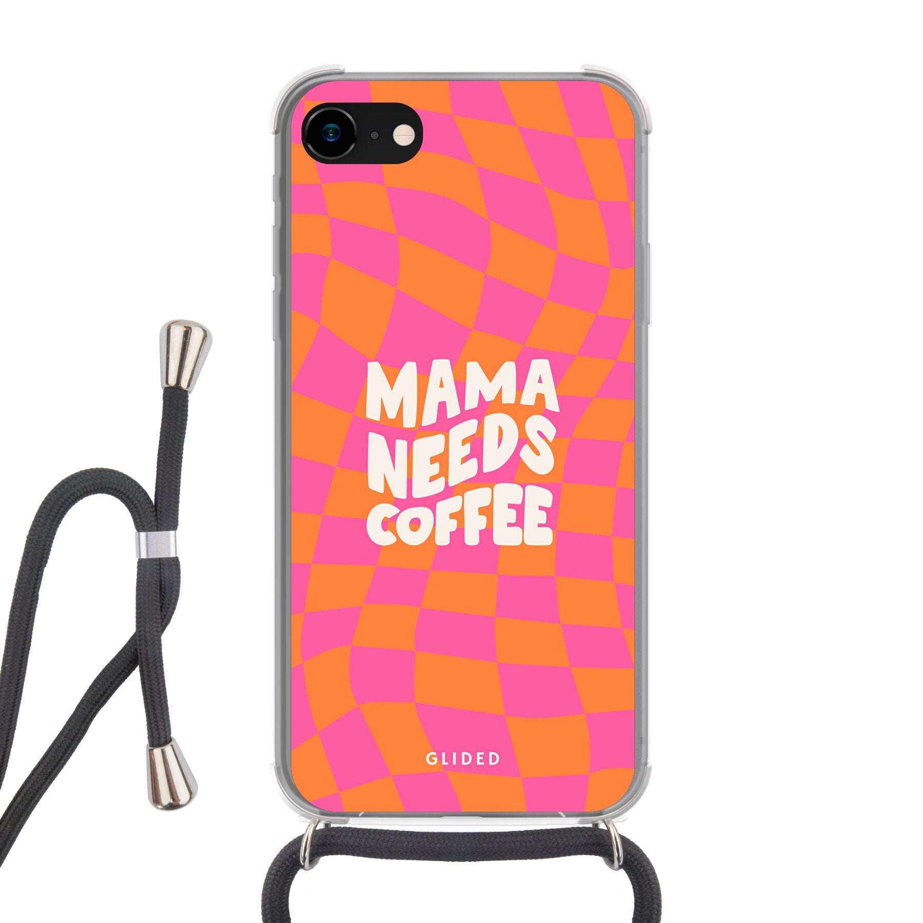 Coffee Mom iPhone SE 2020 Handyhülle mit Schachbrettmuster und dem Spruch 'Mama needs coffee', idealer Schutz für Mütter.