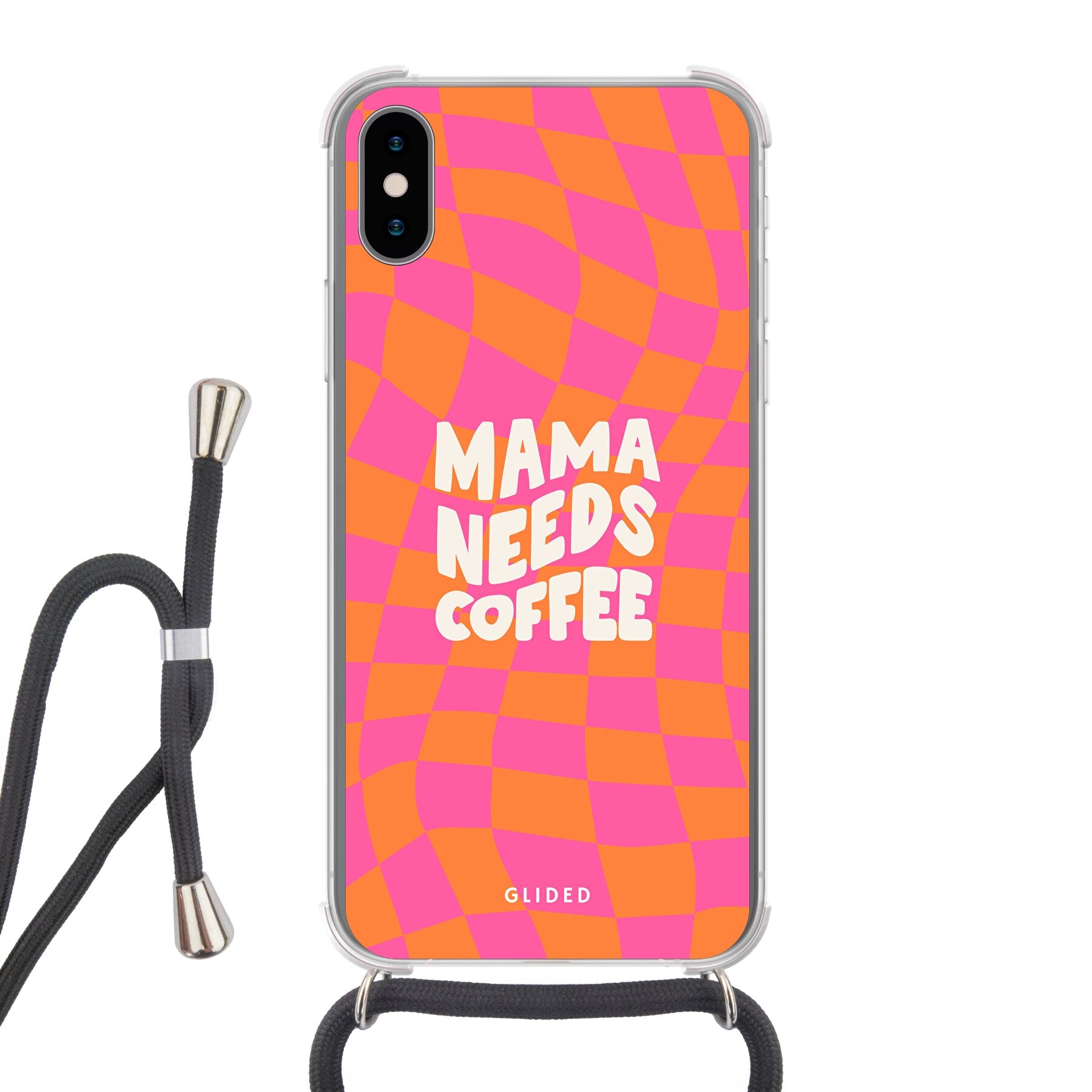 Coffee Mom iPhone X/Xs Hülle mit Schachbrettmuster und dem Spruch 'Mama needs coffee', stilvoll und schützend.