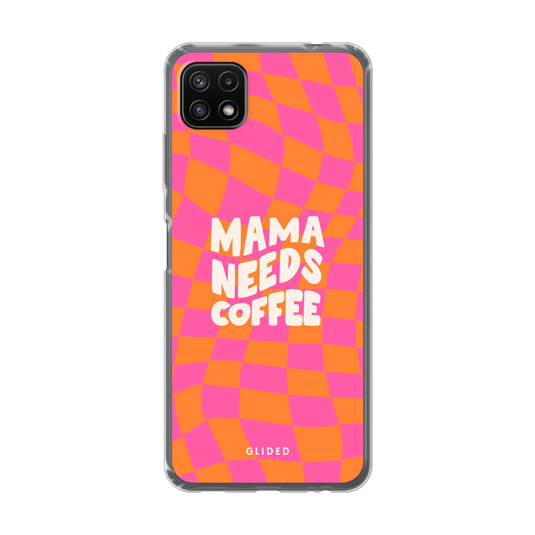 Coffee Mom Samsung Galaxy A22 5G Hülle mit Schachbrettmuster und dem Spruch 'Mama needs coffee', idealer Schutz für dein Smartphone.