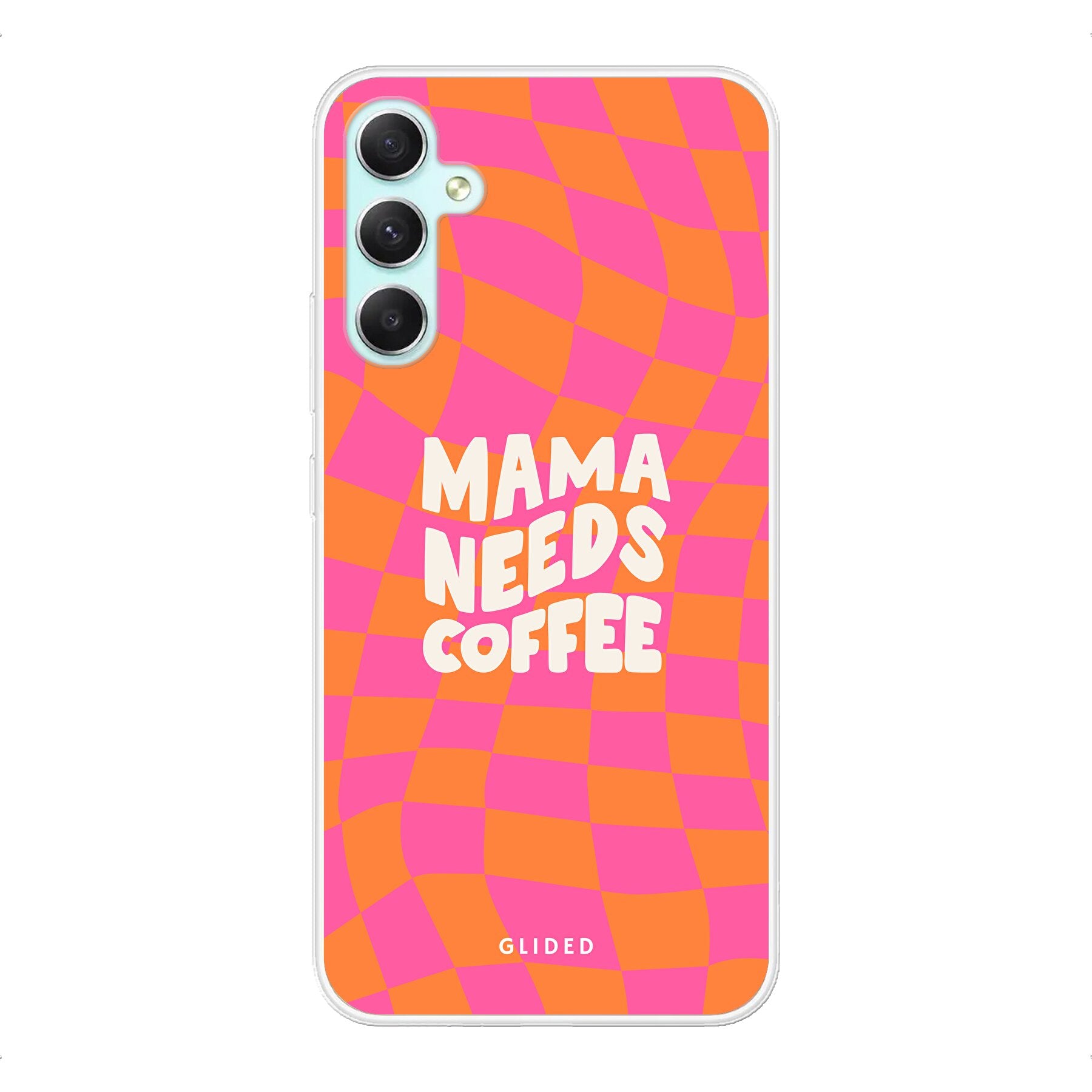 Coffee Mom Samsung Galaxy A34 Hülle mit Schachbrettmuster und dem Spruch 'Mama needs coffee', idealer Schutz für Mütter.