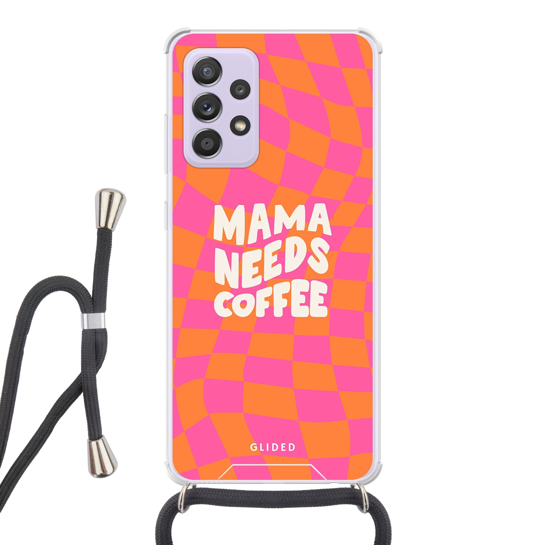 Coffee Mom Handyhülle für Samsung Galaxy A52 mit Schachbrettmuster und dem Spruch 'Mama needs coffee', stilvoll und schützend.