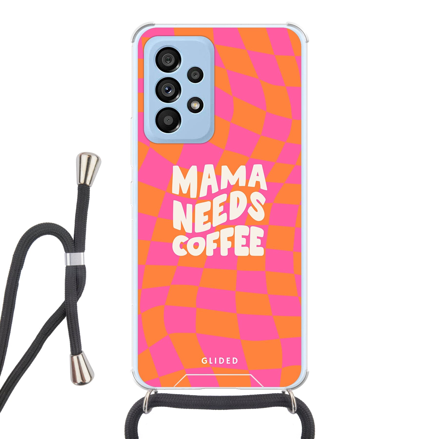 Coffee Mom Samsung Galaxy A53 5G Hülle mit Schachbrettmuster und dem Spruch 'Mama needs coffee', idealer Schutz für dein Smartphone.