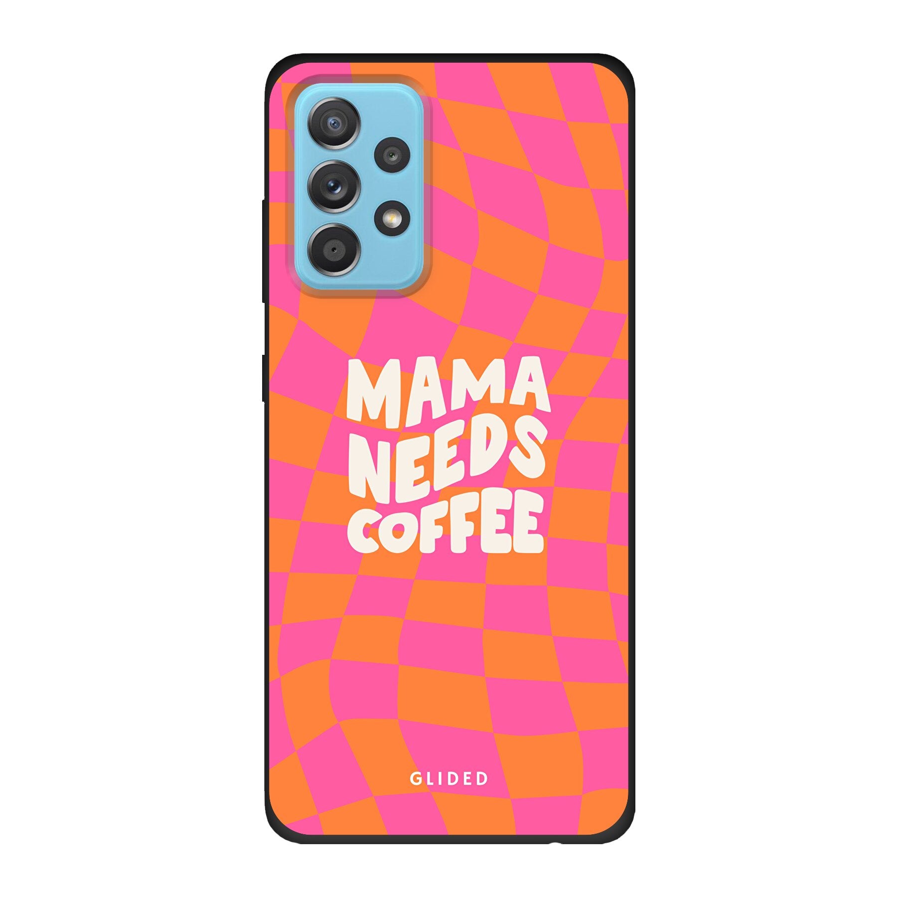 Coffee Mom Samsung Galaxy A53 5G Hülle mit Schachbrettmuster und dem Spruch 'Mama needs coffee', idealer Schutz für dein Smartphone.