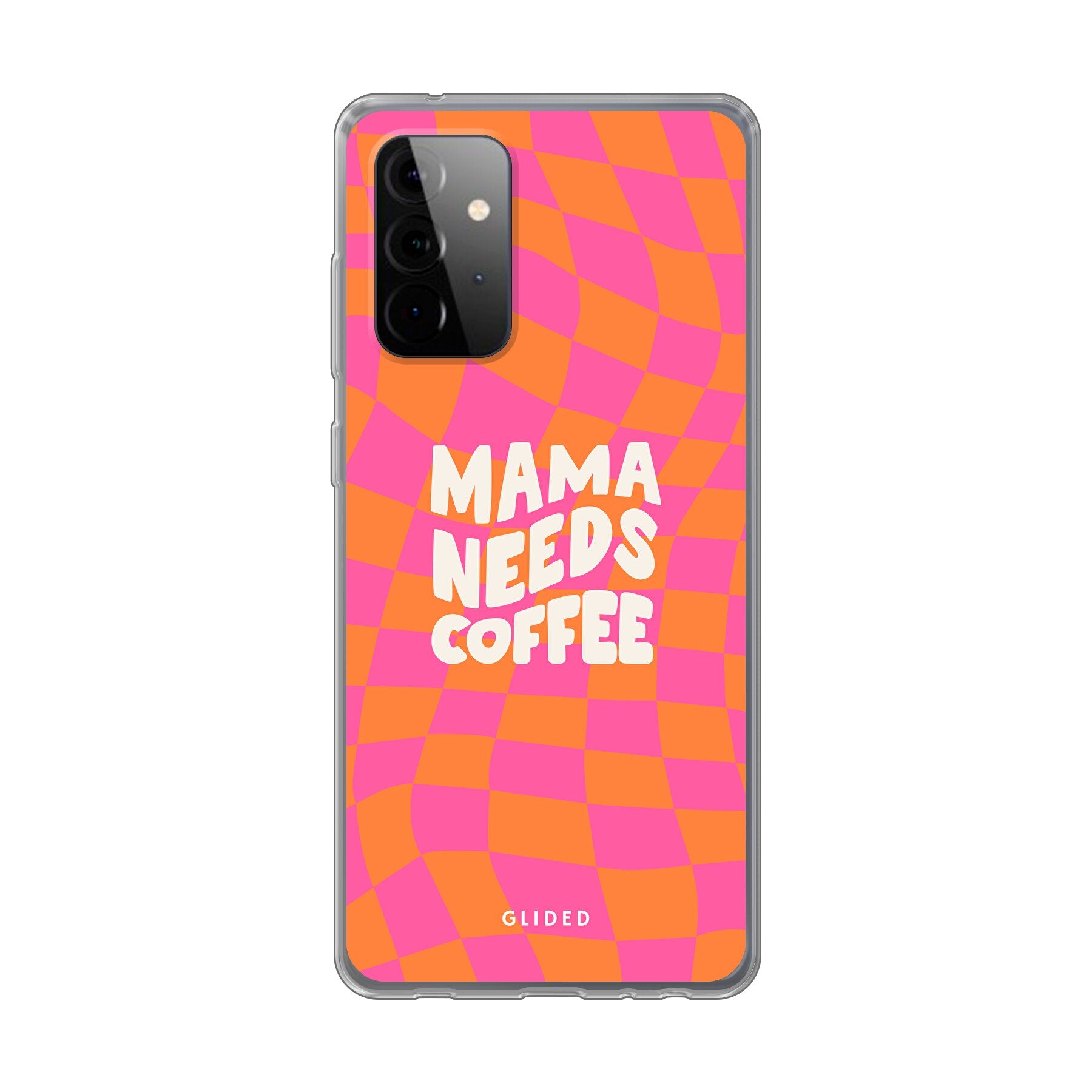 Coffee Mom Samsung Galaxy A72 5G Hülle mit Schachbrettmuster und dem Spruch 'Mama needs coffee', idealer Schutz für Mütter.