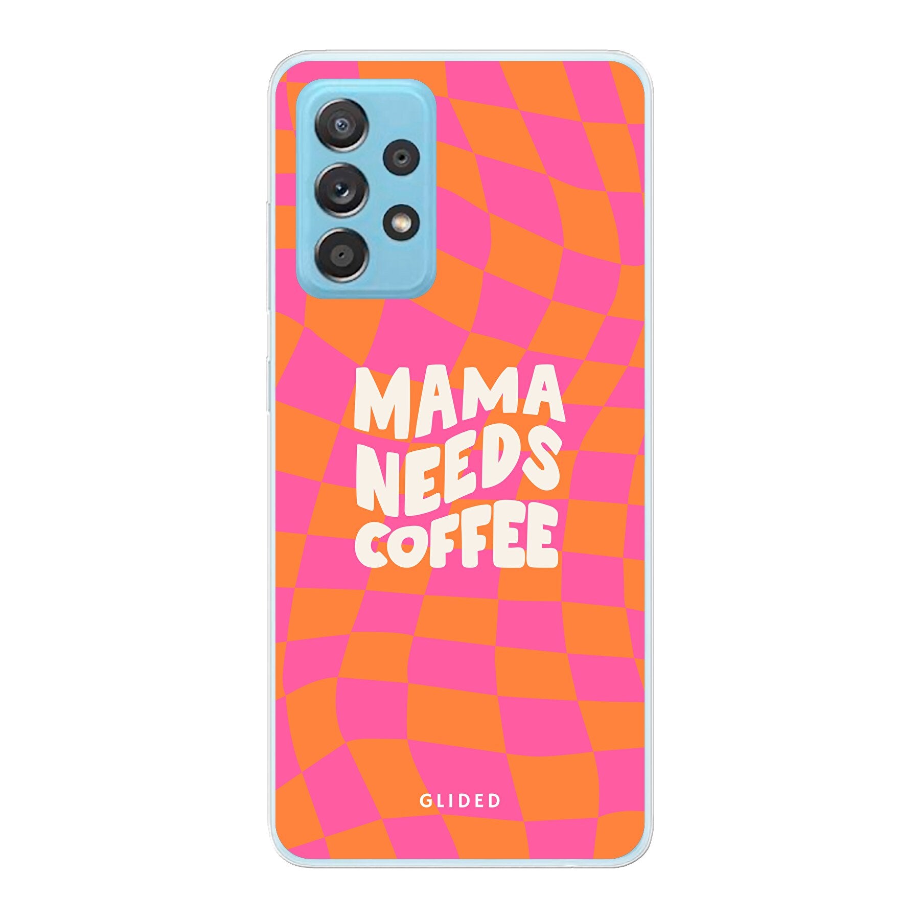 Coffee Mom Samsung Galaxy A73 5G Hülle mit Schachbrettmuster und dem Spruch 'Mama needs coffee', stilvoll und schützend.