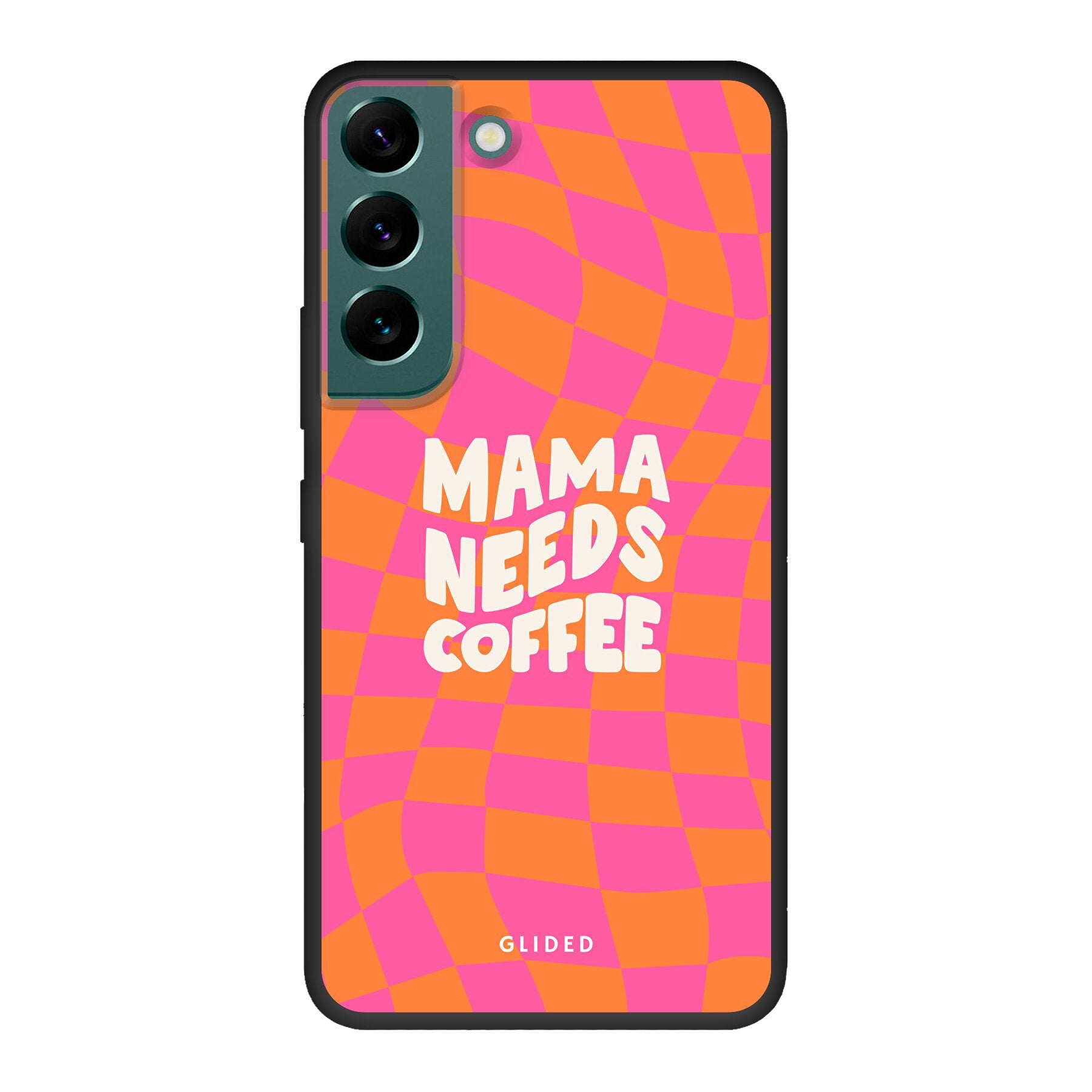 Coffee Mom Samsung Galaxy S22 Hülle mit Schachbrettmuster und dem Spruch 'Mama needs coffee', idealer Schutz für dein Smartphone.