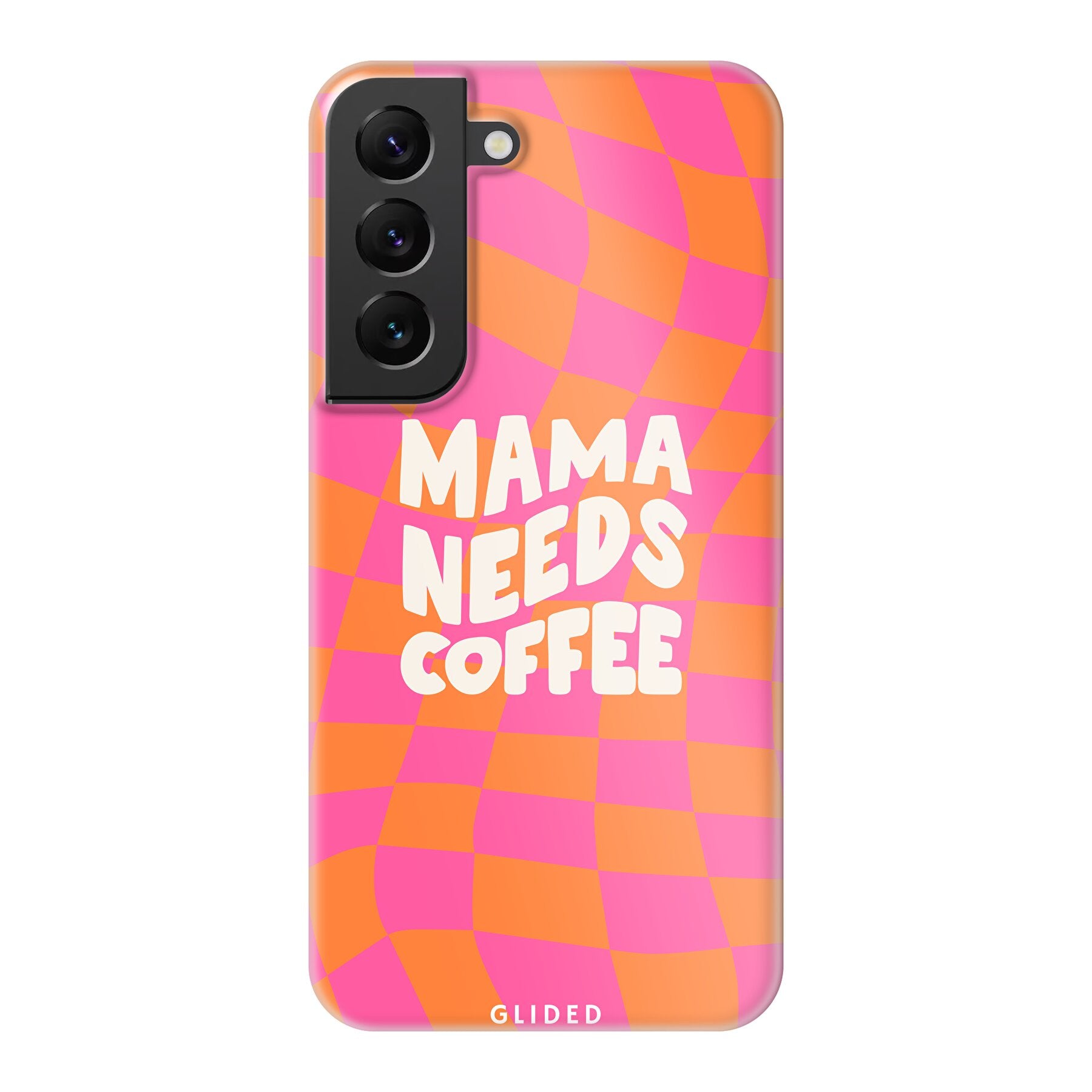 Coffee Mom Samsung Galaxy S22 Hülle mit Schachbrettmuster und dem Spruch 'Mama needs coffee', idealer Schutz für dein Smartphone.