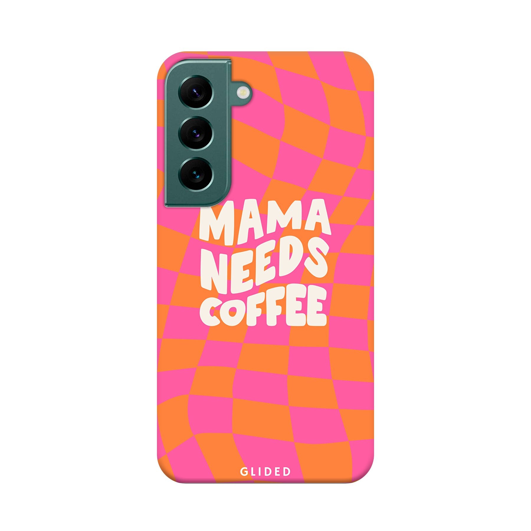 Coffee Mom Samsung Galaxy S22 Hülle mit Schachbrettmuster und dem Spruch 'Mama needs coffee', idealer Schutz für dein Smartphone.