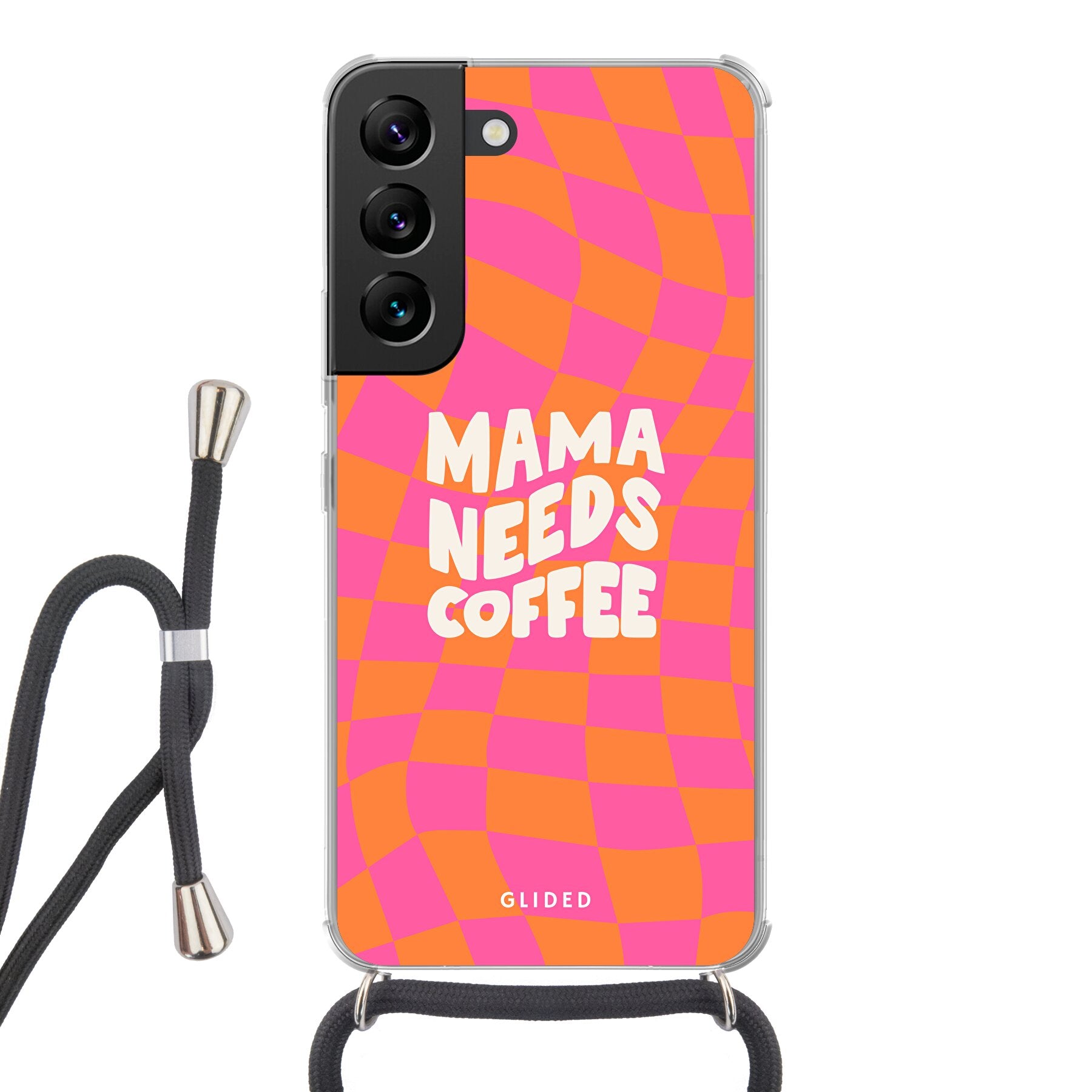 Coffee Mom Samsung Galaxy S22 Hülle mit Schachbrettmuster und dem Spruch 'Mama needs coffee', idealer Schutz für dein Smartphone.