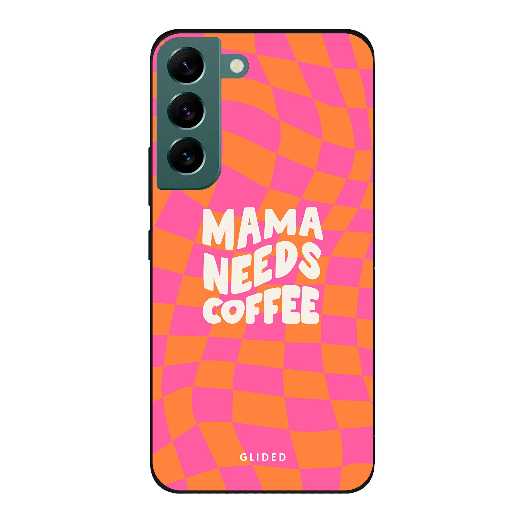 Coffee Mom Samsung Galaxy S22 Hülle mit Schachbrettmuster und dem Spruch 'Mama needs coffee', idealer Schutz für dein Smartphone.